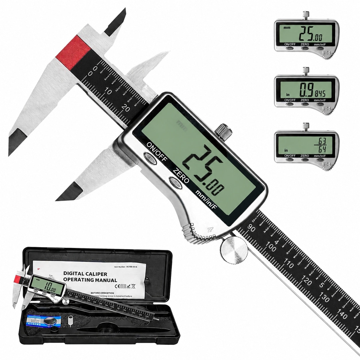 Linder Group Inc Digital Caliper Measuring Tool 6 Inch Extra Large LCD Stainless Steel IP54 Vernier Micrometer Measures Metric Inch Fraction for Length Depth #L3HR3ZTQ