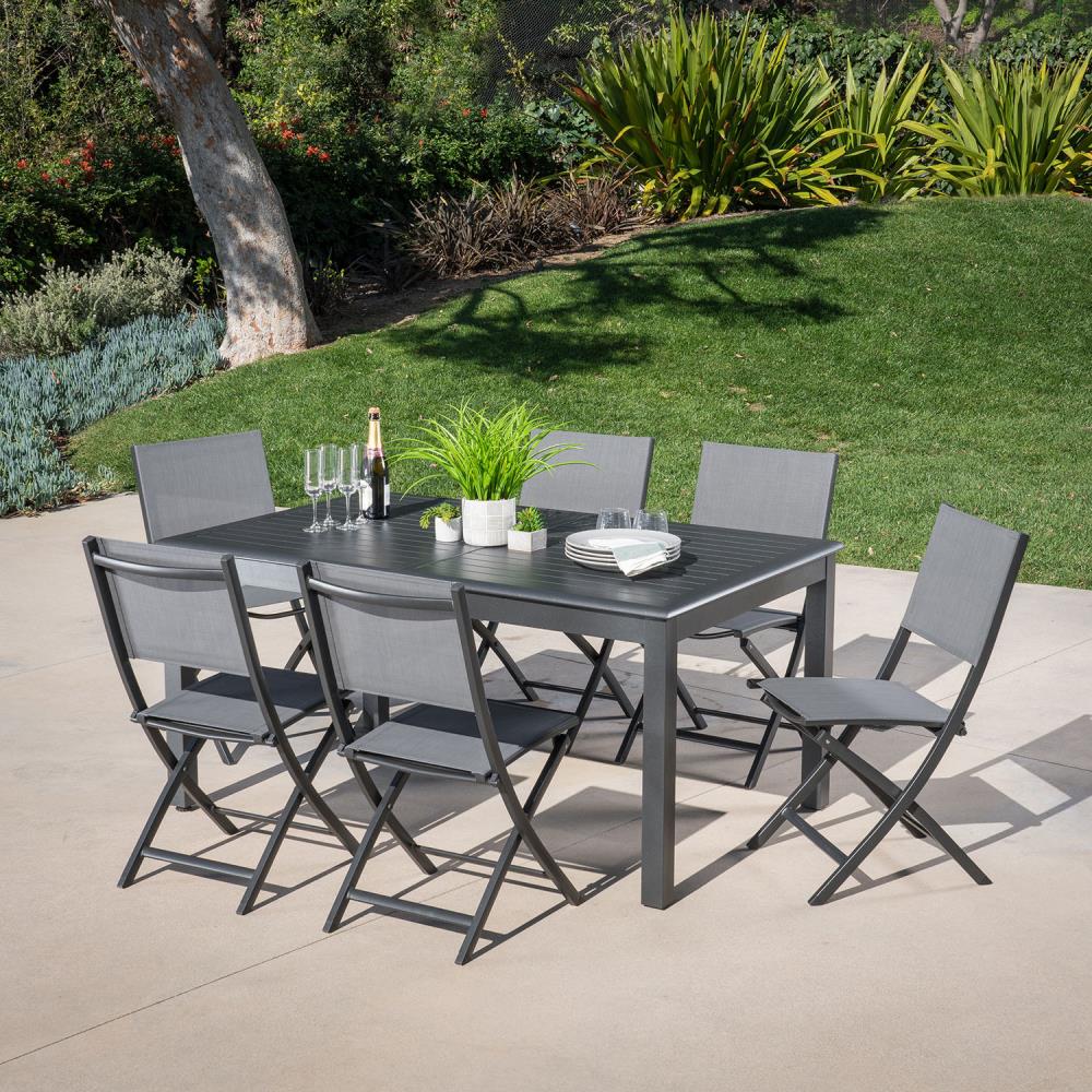 Cameron 7-Piece Gray Aluminum Dining Set with Folding Sling Chairs