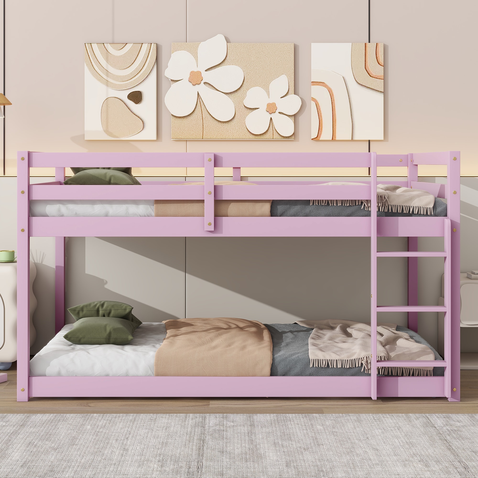 LOVMOR SF-Y-W504P208048 Solid Wooden  Solid Rubber Wooden Twin over Twin Floor Bunk Bed with Ladder Upper and Bottom Bed Platforms crafted with Strengthened Slats Pink