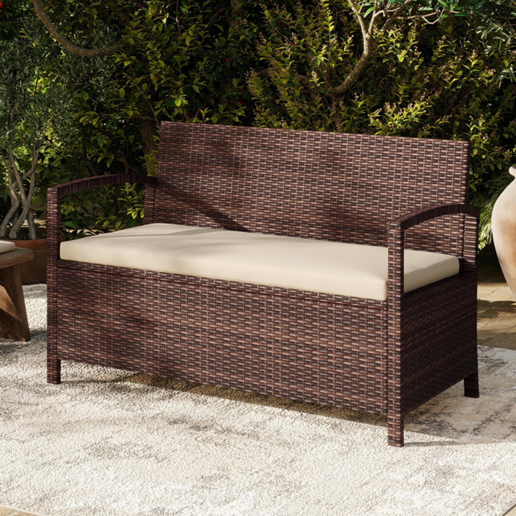 Mondawe Brown Outdoor PE Wicker Storage Bench 2 Seater with Cushion 42 Gallon Deck Box