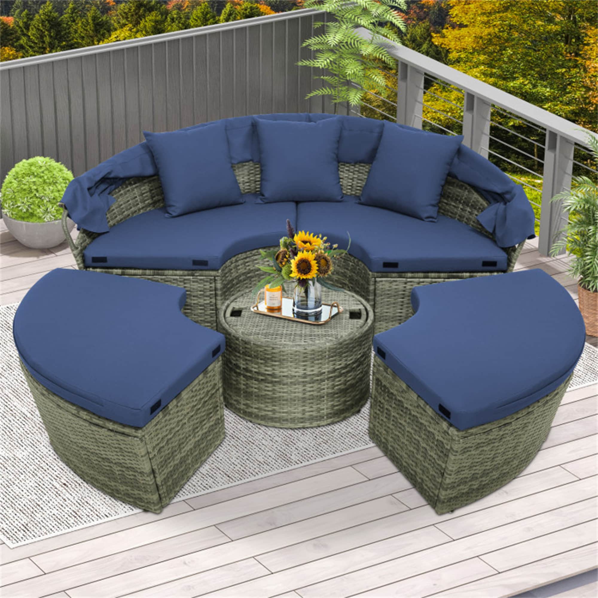 BABOOM BOM-0S00034-OR Patio Round Daybed Wicker Outdoor Daybed with Navy Cushions and Steel Frame