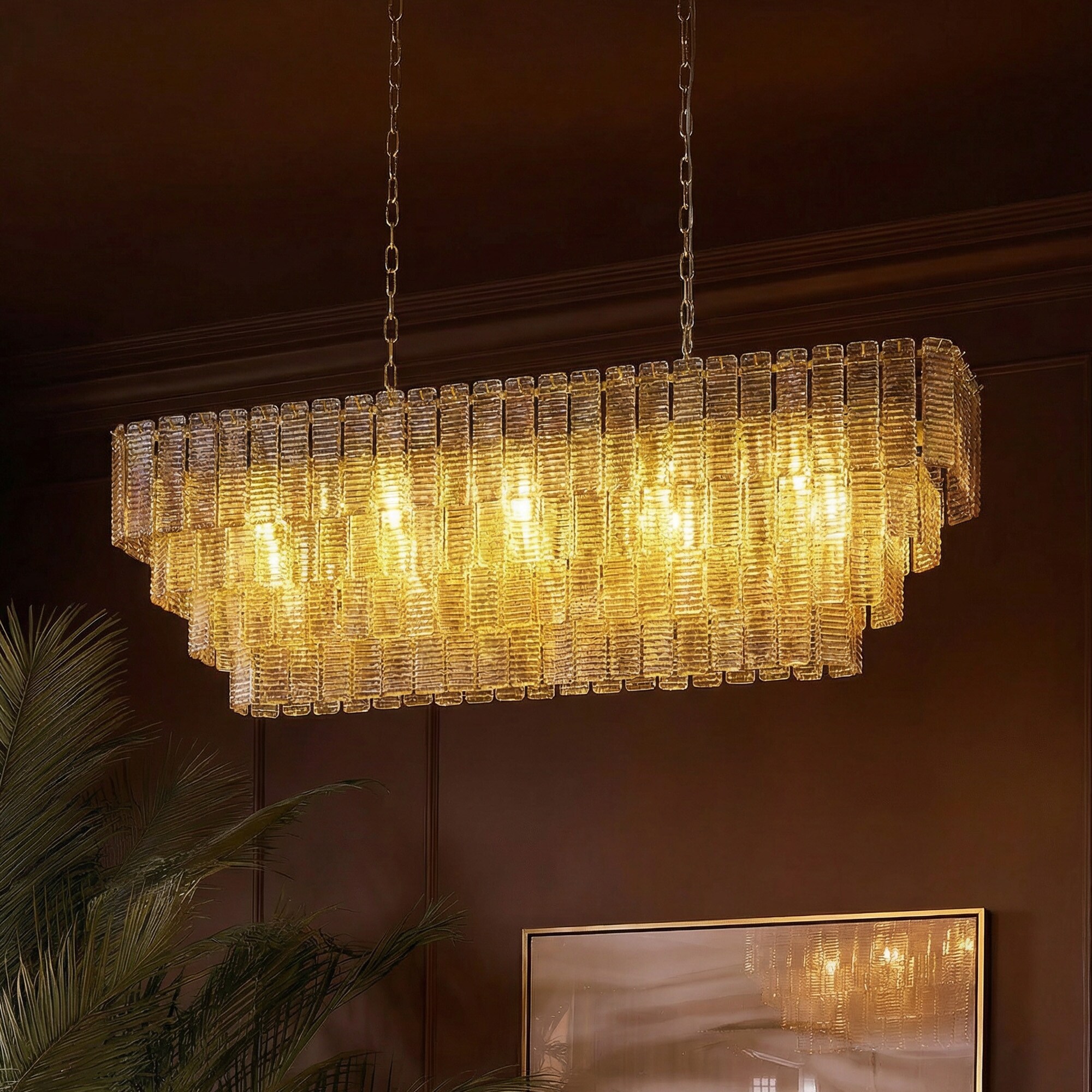 SILJOY 47.2-Inch Vintage Modern Gold Brass Rectangular Chandelier 17 Adjustable Height Wrought Iron Pendant for Dining Room Living Room Entryway