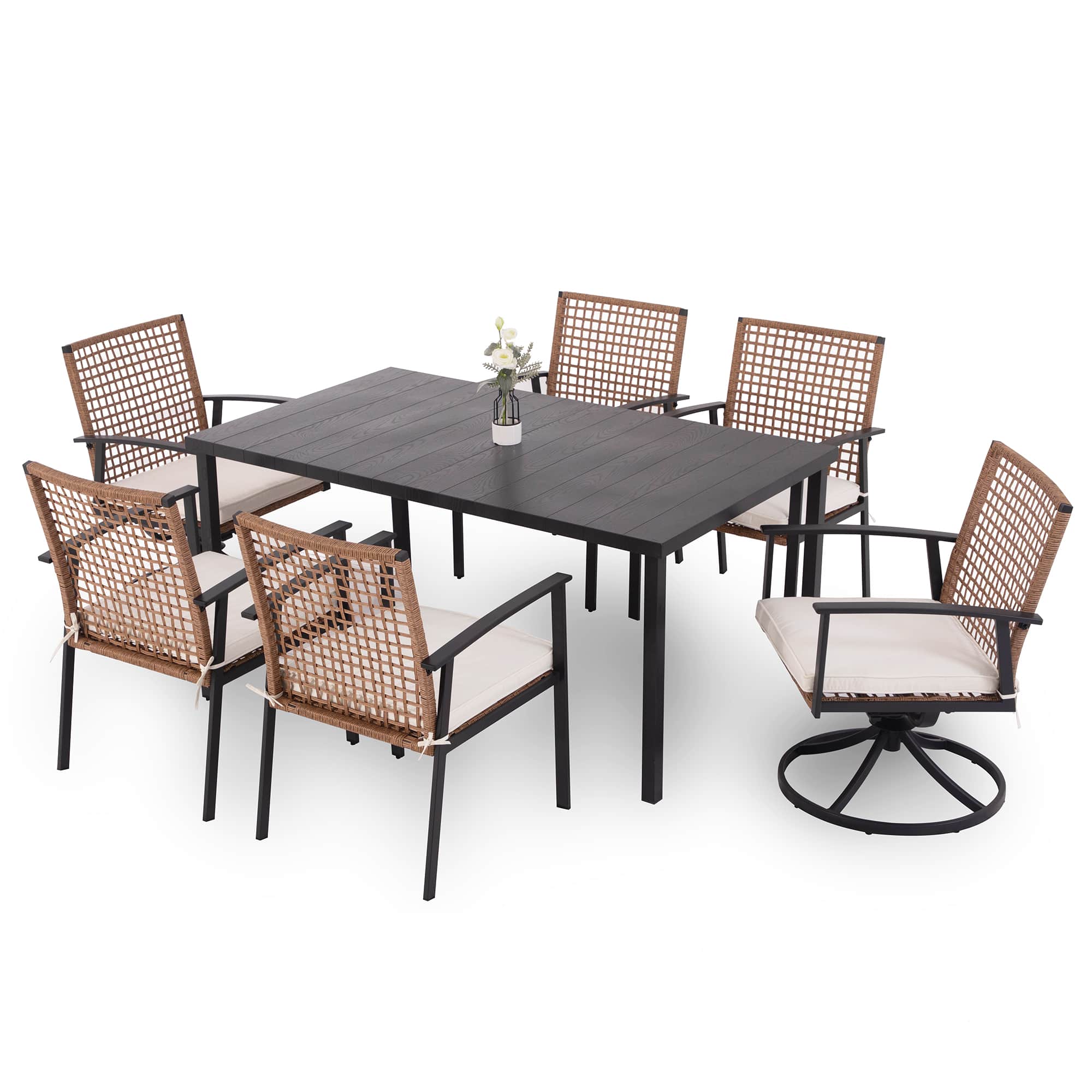 LAUSAINT HOME - 7 Pieces Patio Dining Set Outdoor Furniture Set of 6 Wicker Chairs (2 of Them Sw...