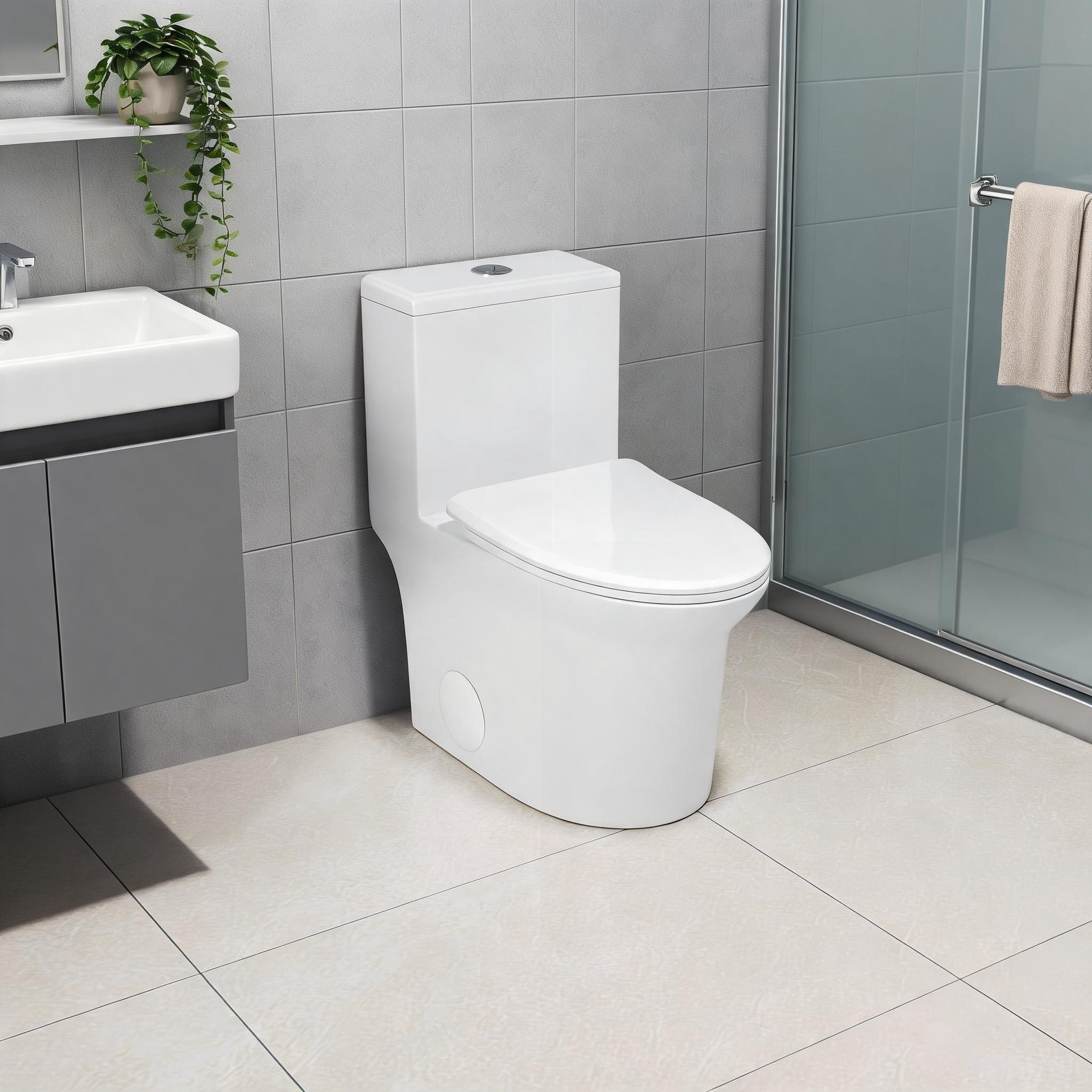 SUNCREAT - One-Piece Elongated Dual-Flush Toilet with Soft-Close Seat Soft White Ceramic Comfort ...