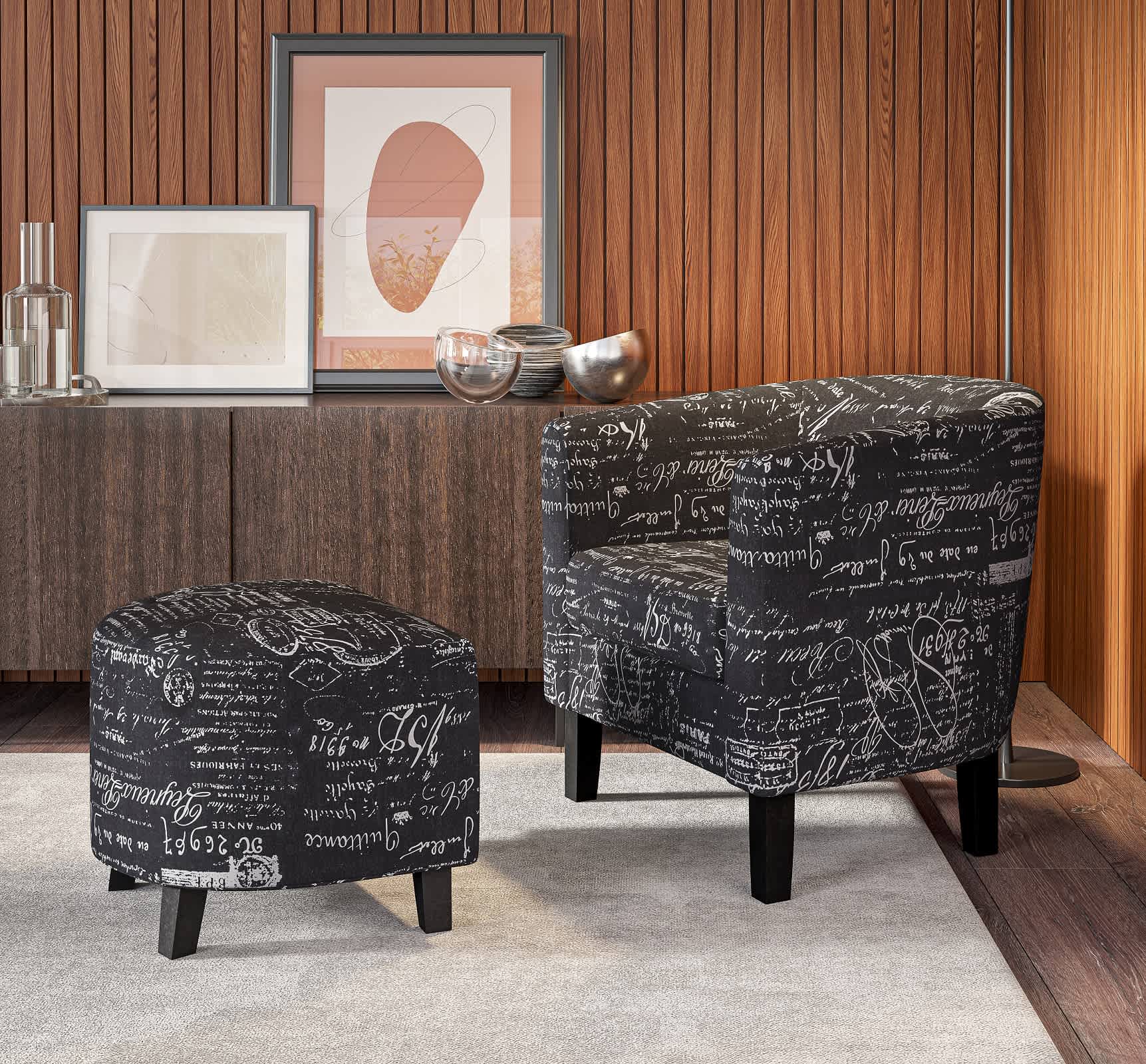Belleze 014-HG-31935-B Accent Chair with Ottoman Set Modern Upholstered Curved Back Chair Barrel Round Tub Black French Pattern Linen