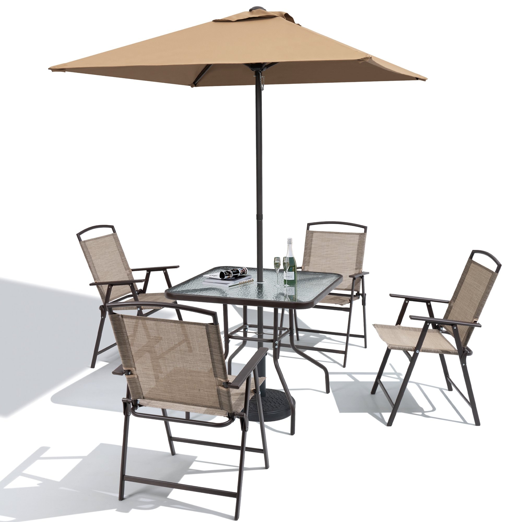 Crestlive Products CL-DC009BEI 6pc Patio Umbrella Table and Folding Chairs Set 5 -Piece Patio Conversation Set with Off-white