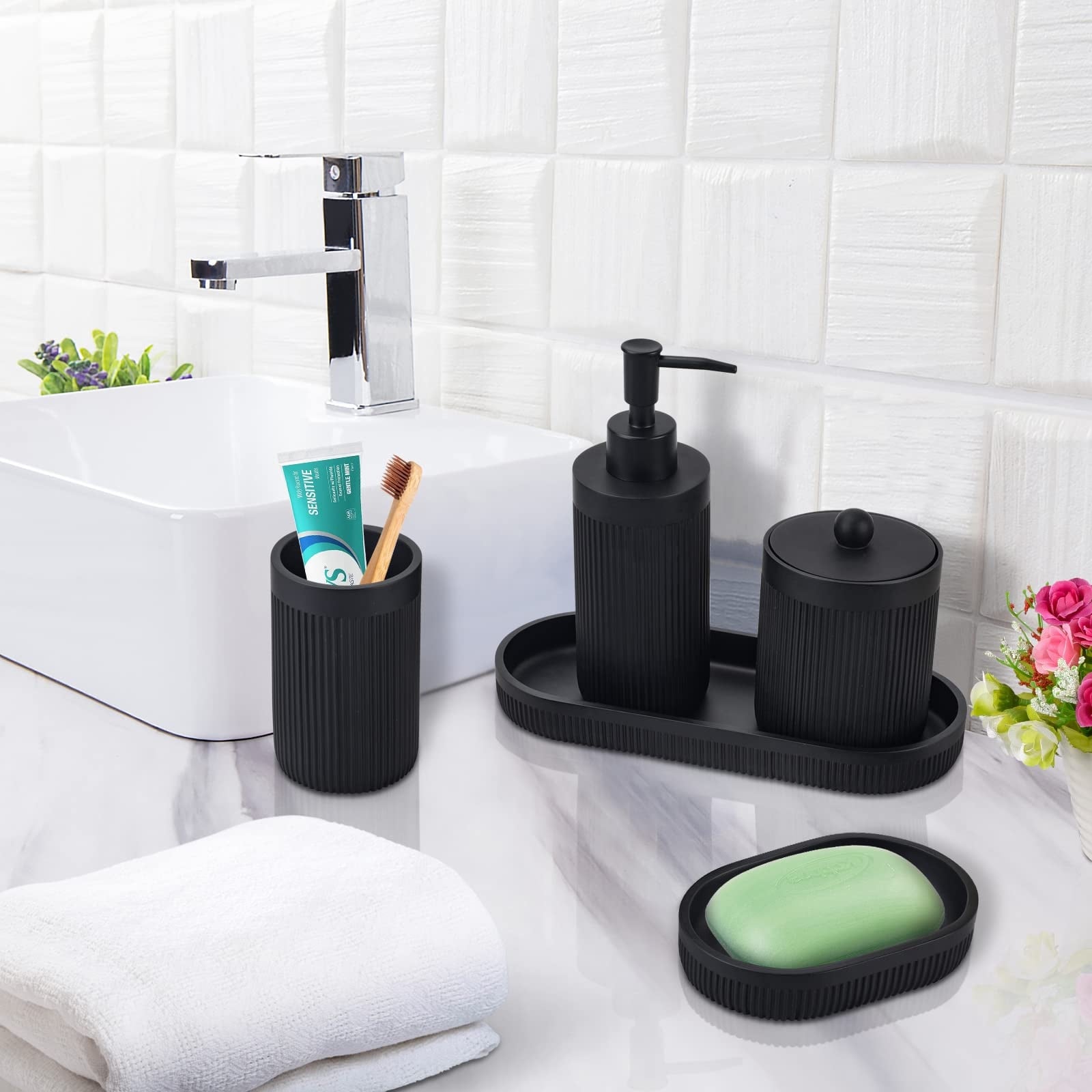 Etokfoks  Matte Black Bathroom Accessory Set 5 Piece Resin Soap Dispenser Toothbrush Holder Qtip Jar Vanity Tray And Soap Dish