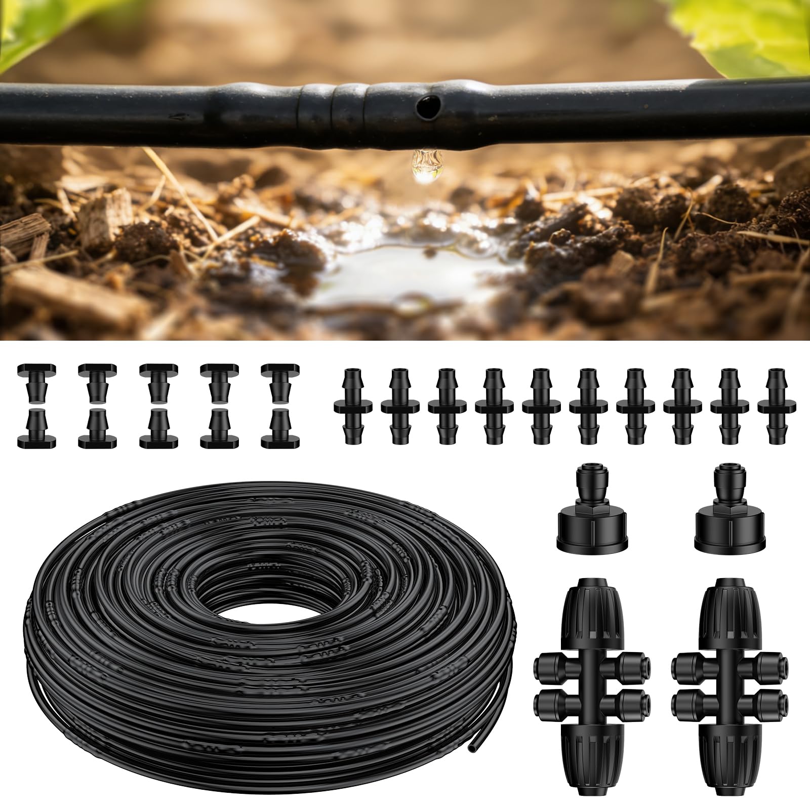 KIWDZFU  200 ft 1 quarter Drip Irrigation Tubing with 6 inch Spacing and 24 Piece Kit Black Polyethylene Hose Roll for Garden Watering