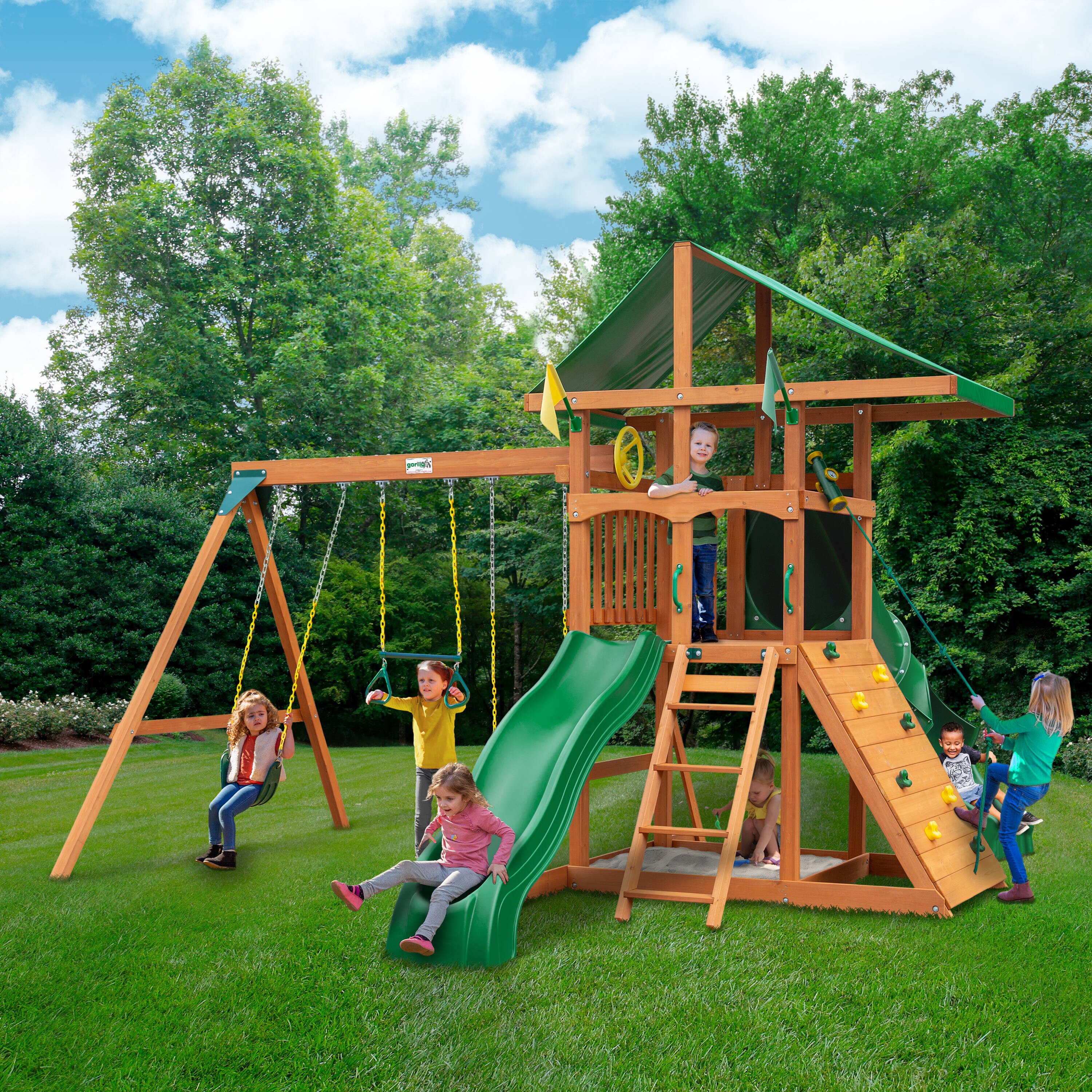 Gorilla Playsets Avalon with Vinyl Canopy Roof and Tube Slide Residential Wood Playset with