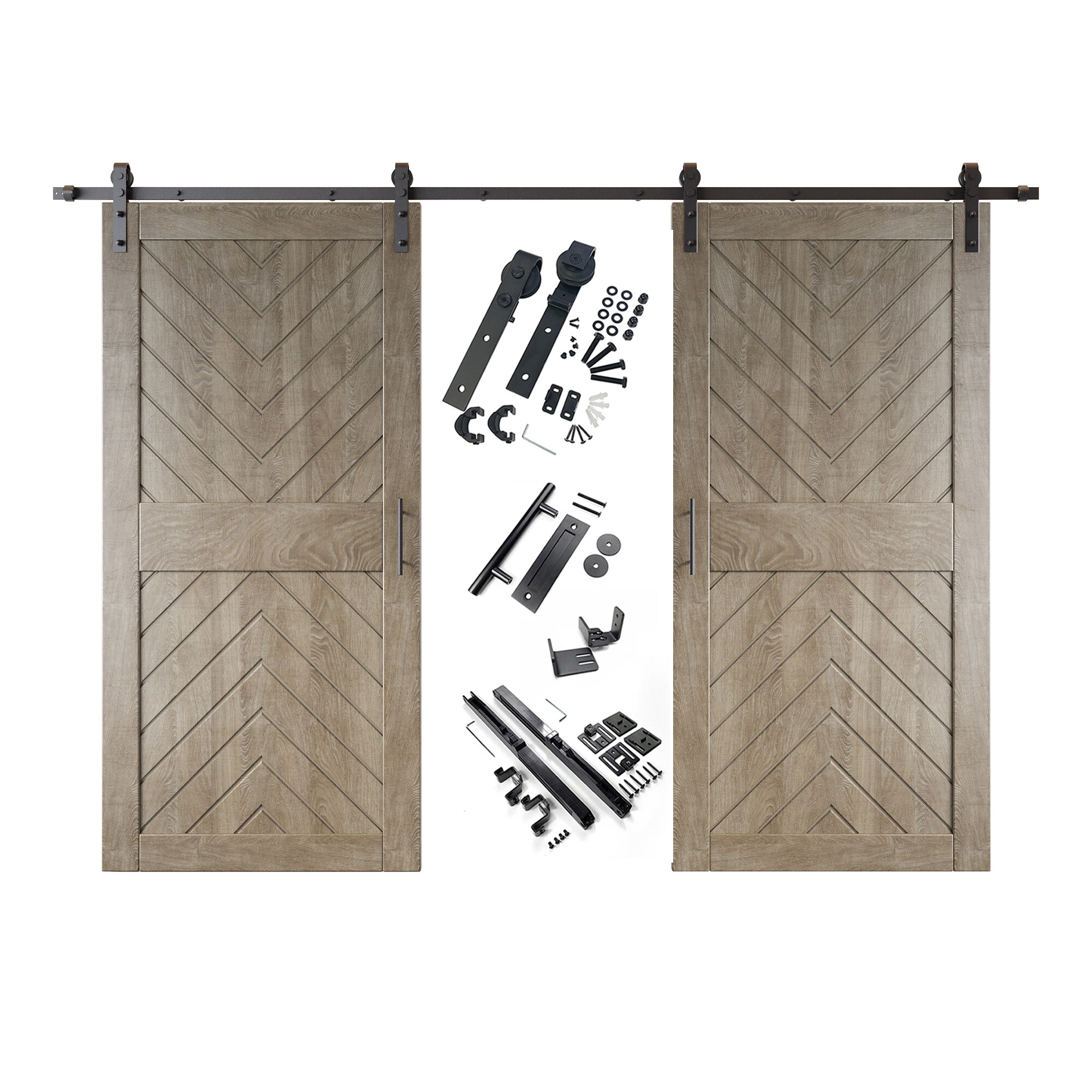 HOMACER YT2H132C-JT4-3284-GR 32-in x 84-in Classic Gray Herringbone Pine Wood Solid core Double Barn Door (Hardware Included)