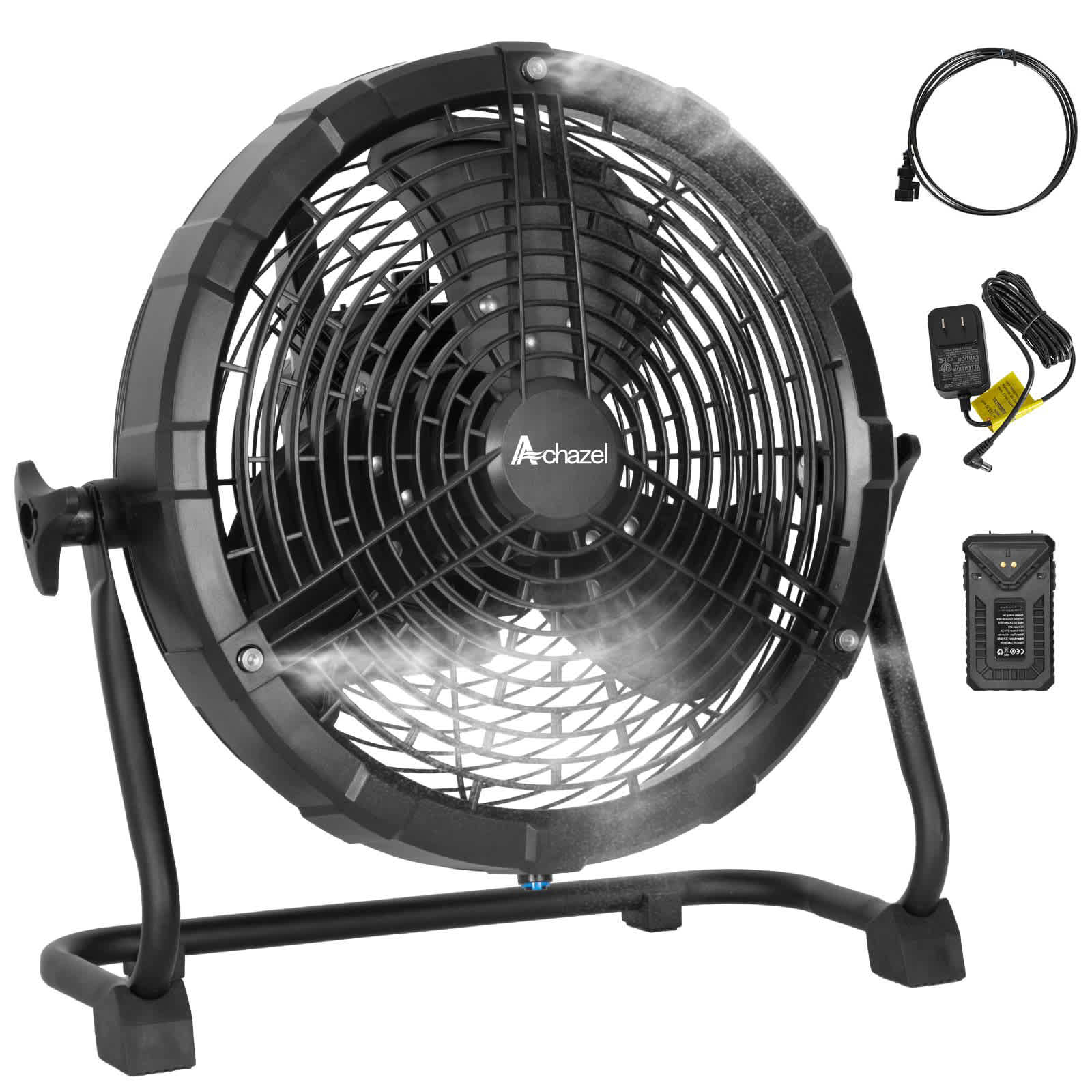 Achazel 12-in 24-Volt Variable-Speed High Velocity Indoor/Outdoor Black Misting Floor Fan Charger Included
