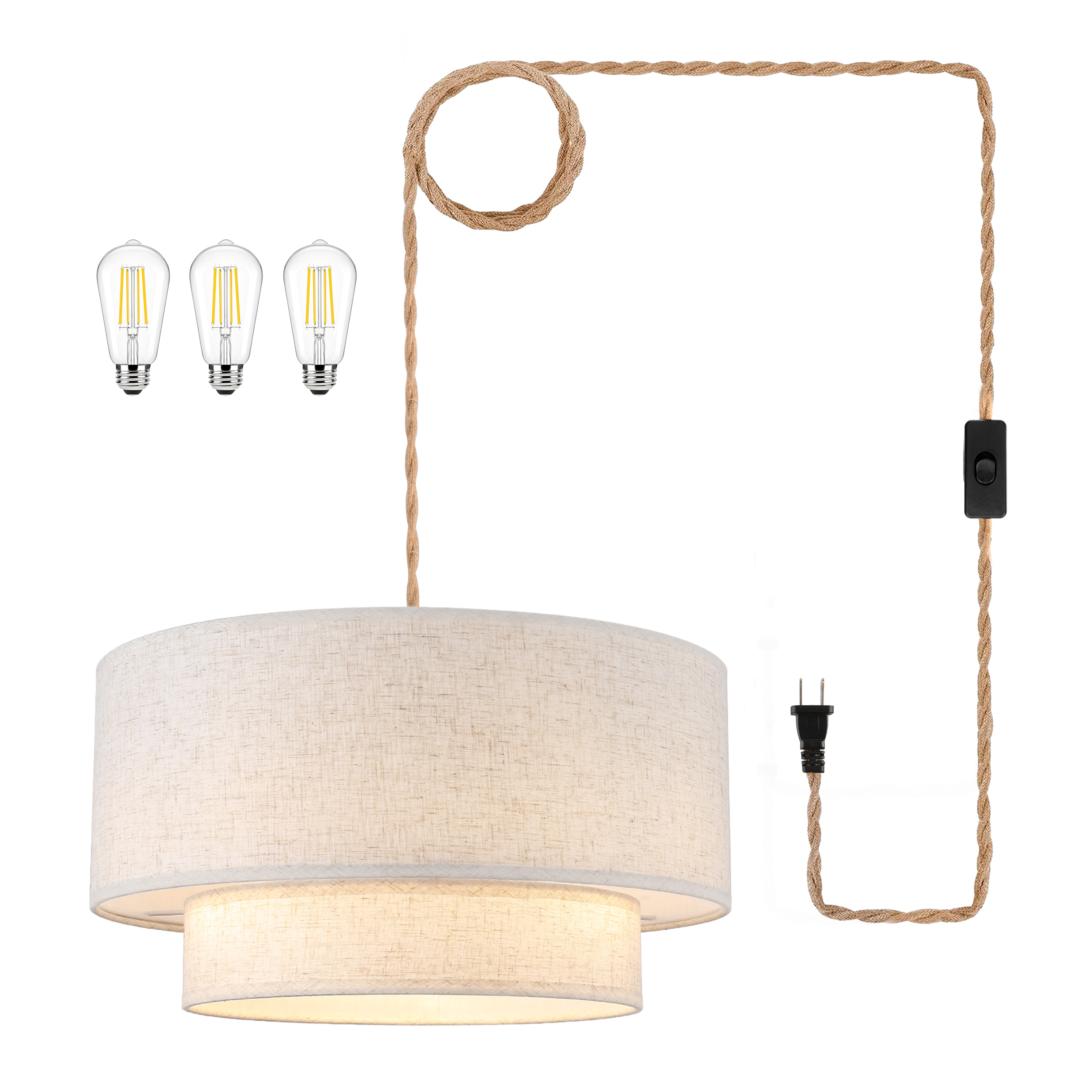 Kirahee 18 Inch 3-Light Plug-In Double Drum Linen Pendant Light 15FT Braided Cord with Inline On/Off Switch