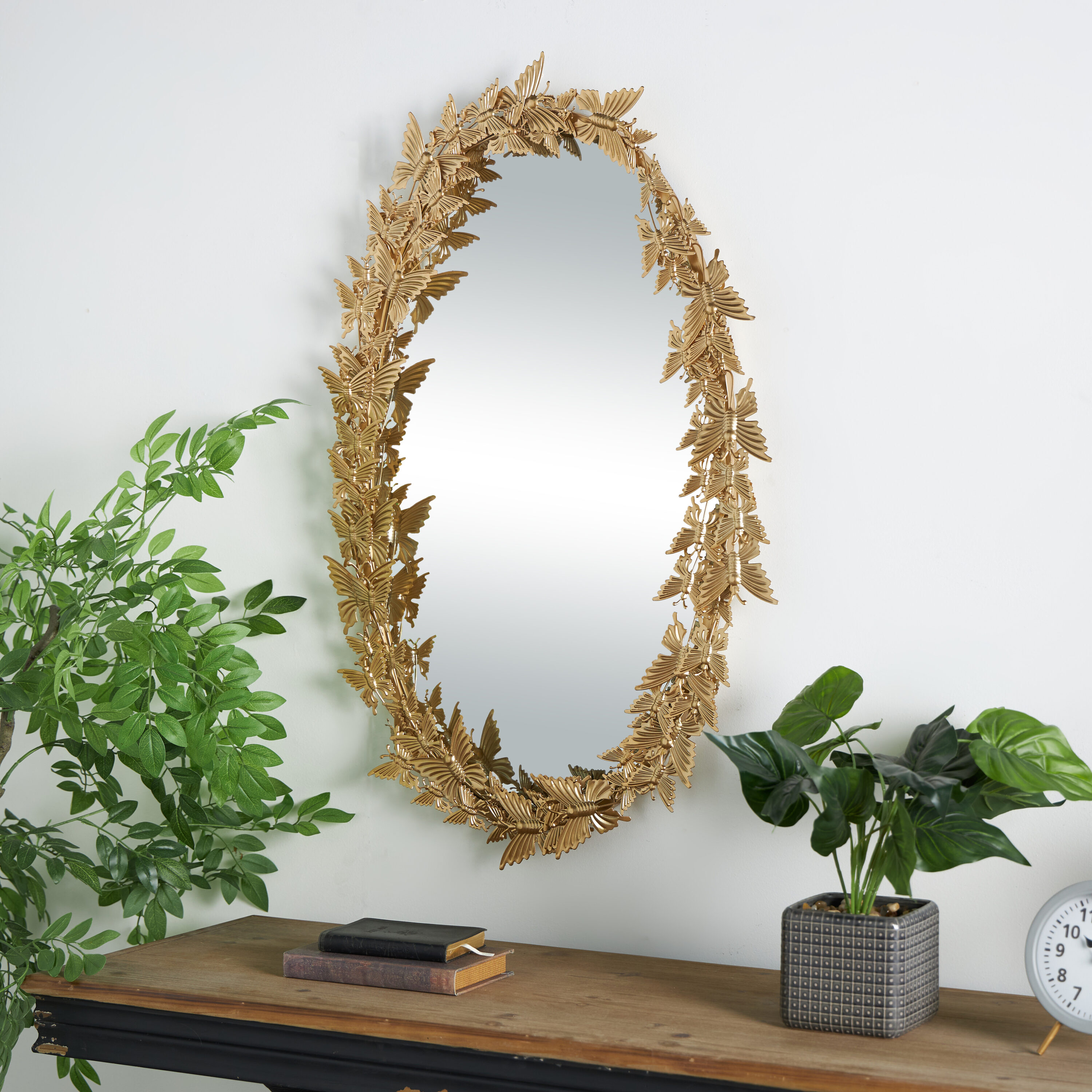 Gold Oval Wood Butterfly Wall Mirror, 19" x 33"