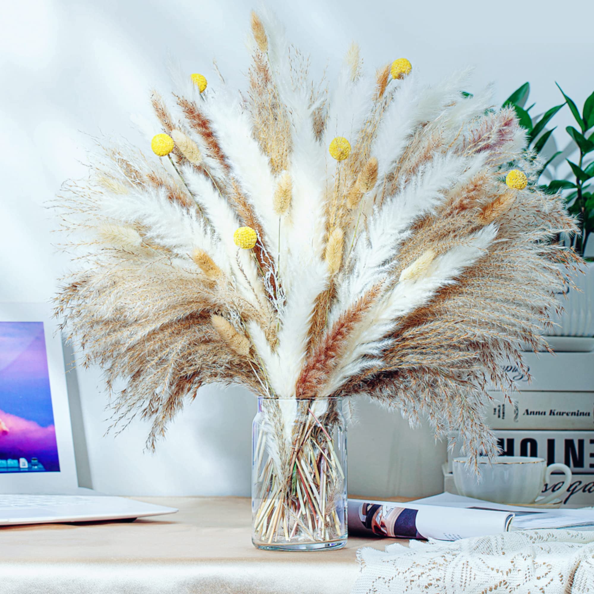 Etokfoks 100 pack natural dried pampas grass decor 17 5 in fluffy mixed ...