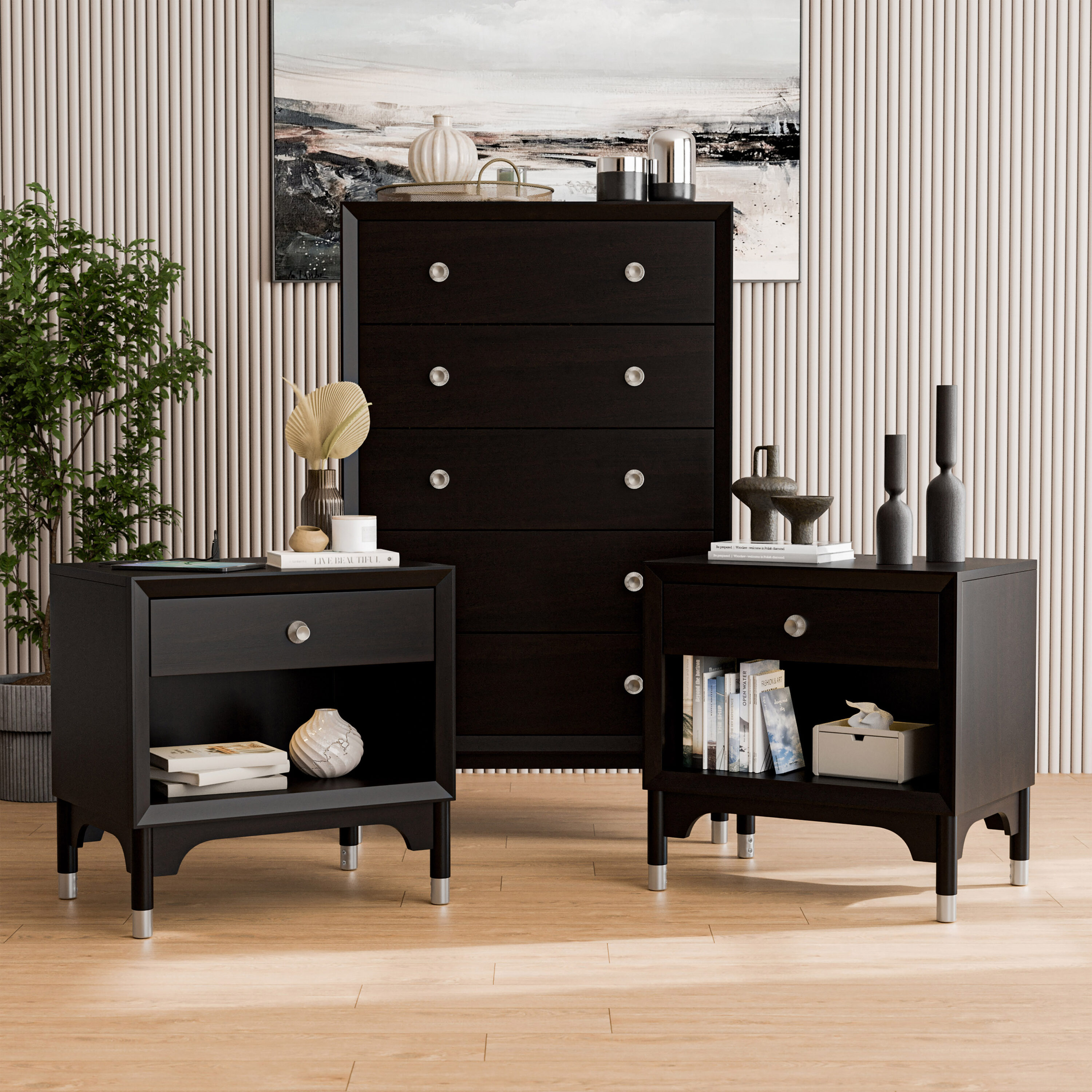 2 piece black dresser set Capwell 2 Piece Bedroom Set, Armoire And Dresser, Black And Pine Black Bedroom Engineered Wood main image 1