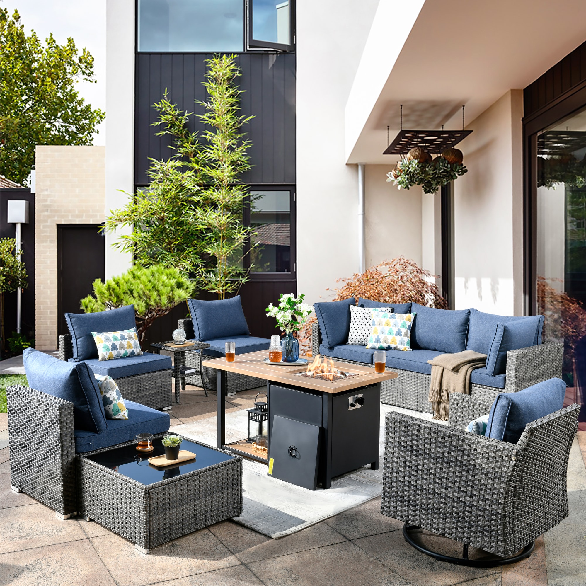 XIZZI XIHOPS305-RC1DFP Sunrise 10-Piece Rattan Patio Sofa Conversation Set with Blue Cushions