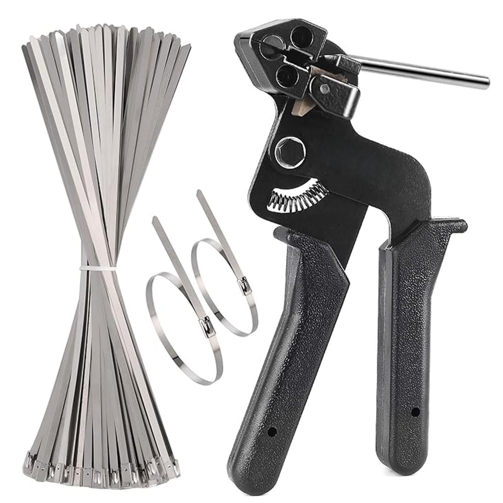 Angel Sar 7.87in L 200 Pieces Adjustable Tension Metal Tie Wrap Gun Kit Silver Cable Tie Tool Metal tie wrap gun Kit