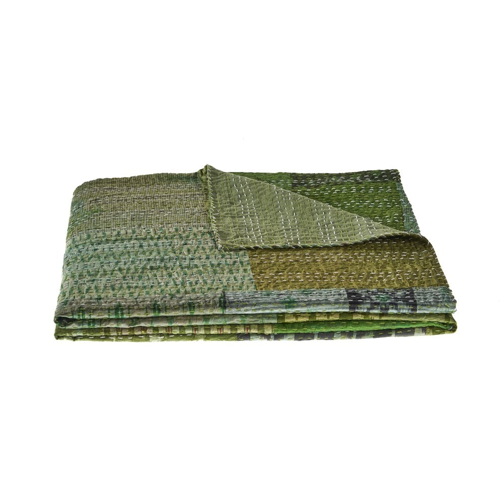 LR Home Green Patchwork Hand-Stitched One-of-a-Kind Cotton Kantha Throw Blanket