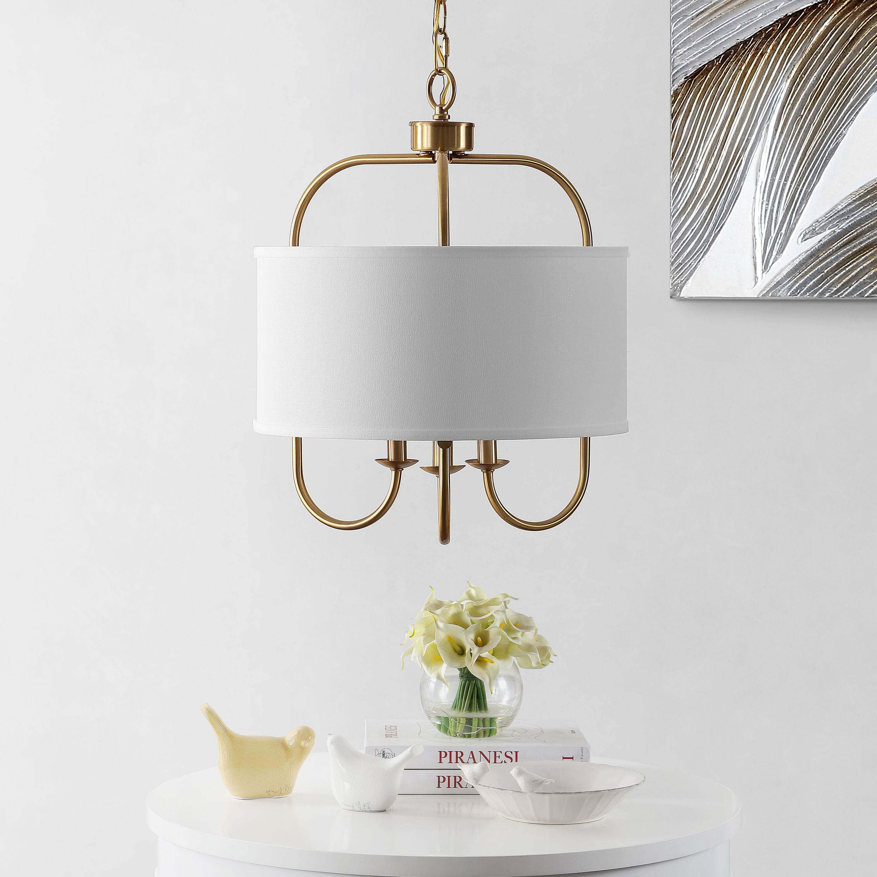 Jemmi 22" Gold Brass Drum Pendant with Off-White Shade and LED
