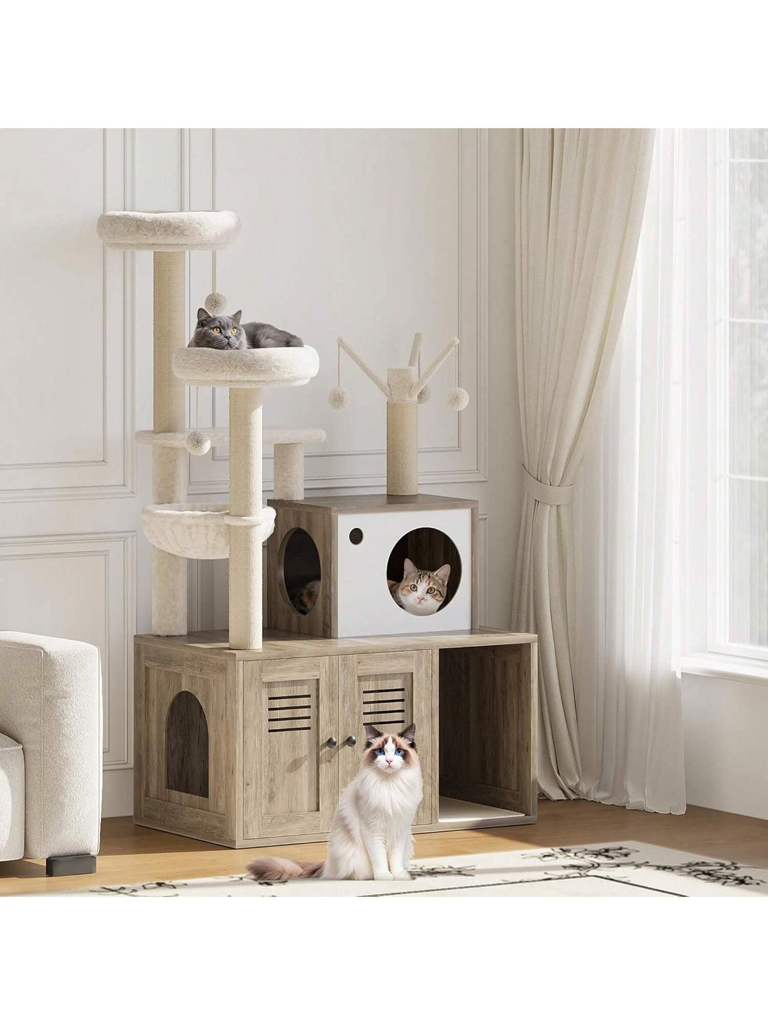 Qeetex BY-PPS-335SW8KY Large Cat Tree With Litter Box Enclosure3 In 1 Cat Tower Hidden Pet Washroom Litter Box FurnitureWooden Multi Level Cat Condo Furniture With Sisal Scratching PostsSoft Plush Perch Hammock