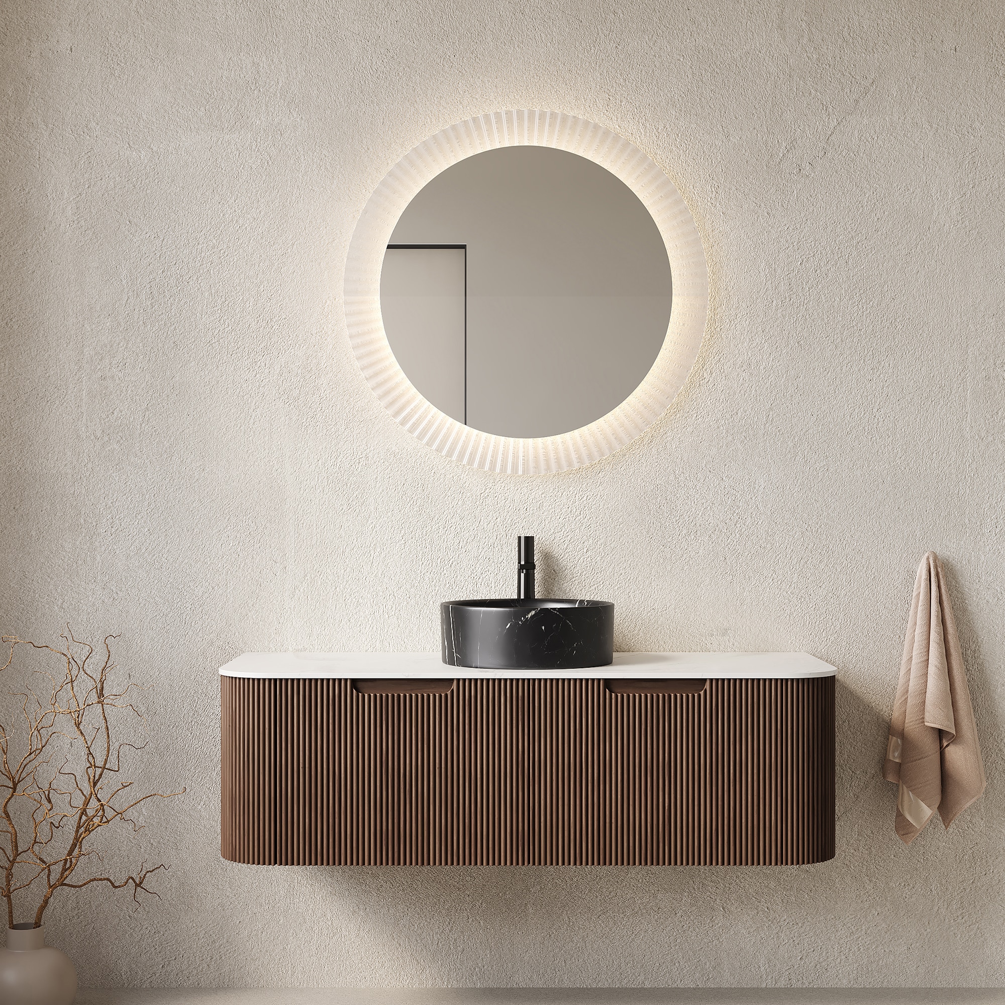 Vynxaria DINA 48-in Bathroom Vanity and Sink, Floating Curved Edges Striped Storage Cabinet with 2 Drawers, Stone Black Round Ceramic Basin and Carrara White Sintered Stone Top, Pre-assembled, Dark Walnut Woodgrain