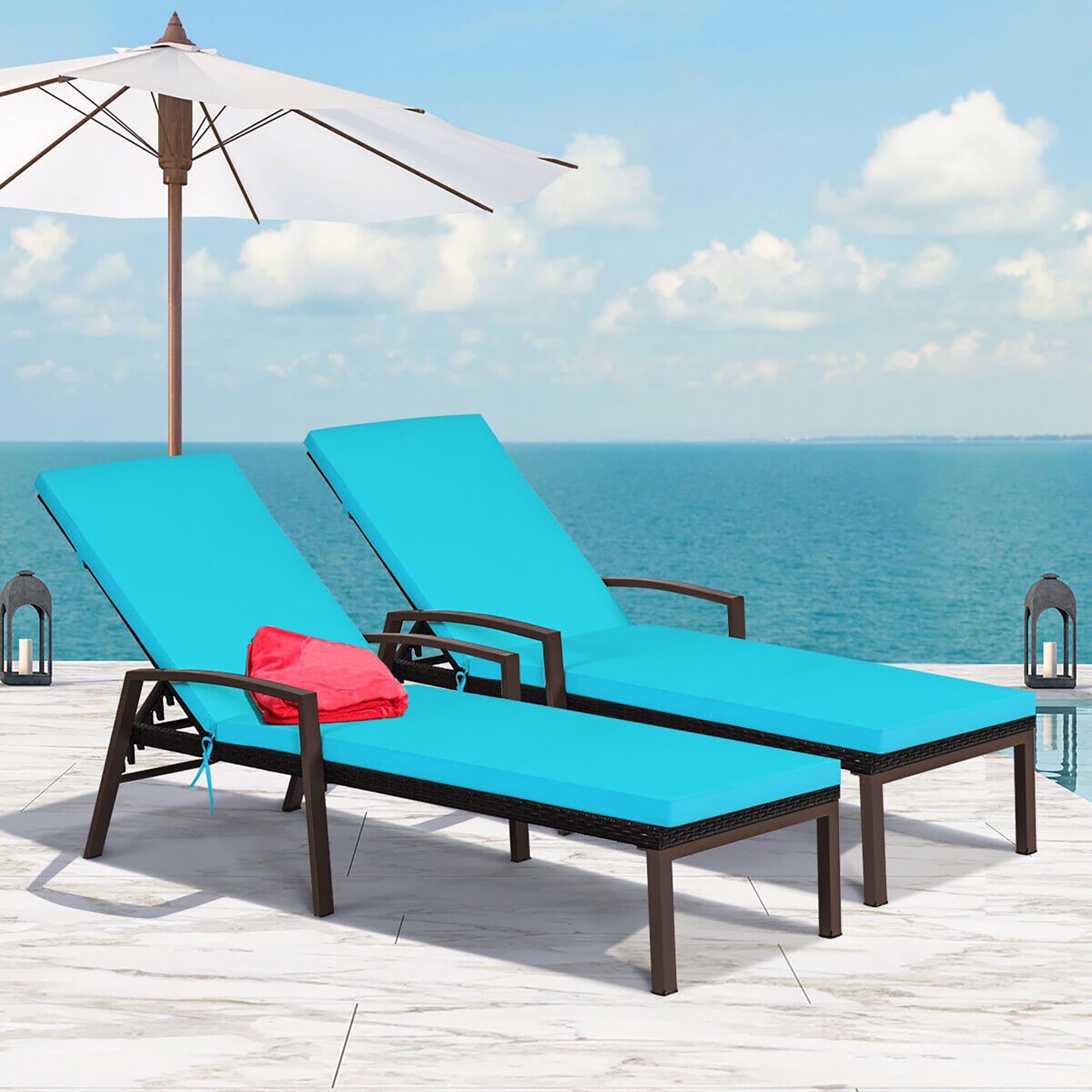 BABOOM BOM-62TU-CO Patio Rattan Reclining Chairs Set of 2 Rattan Black and Brown Steel Frame Stationary Chaise Lounge Chair with Blue Polyester Cushioned Seat
