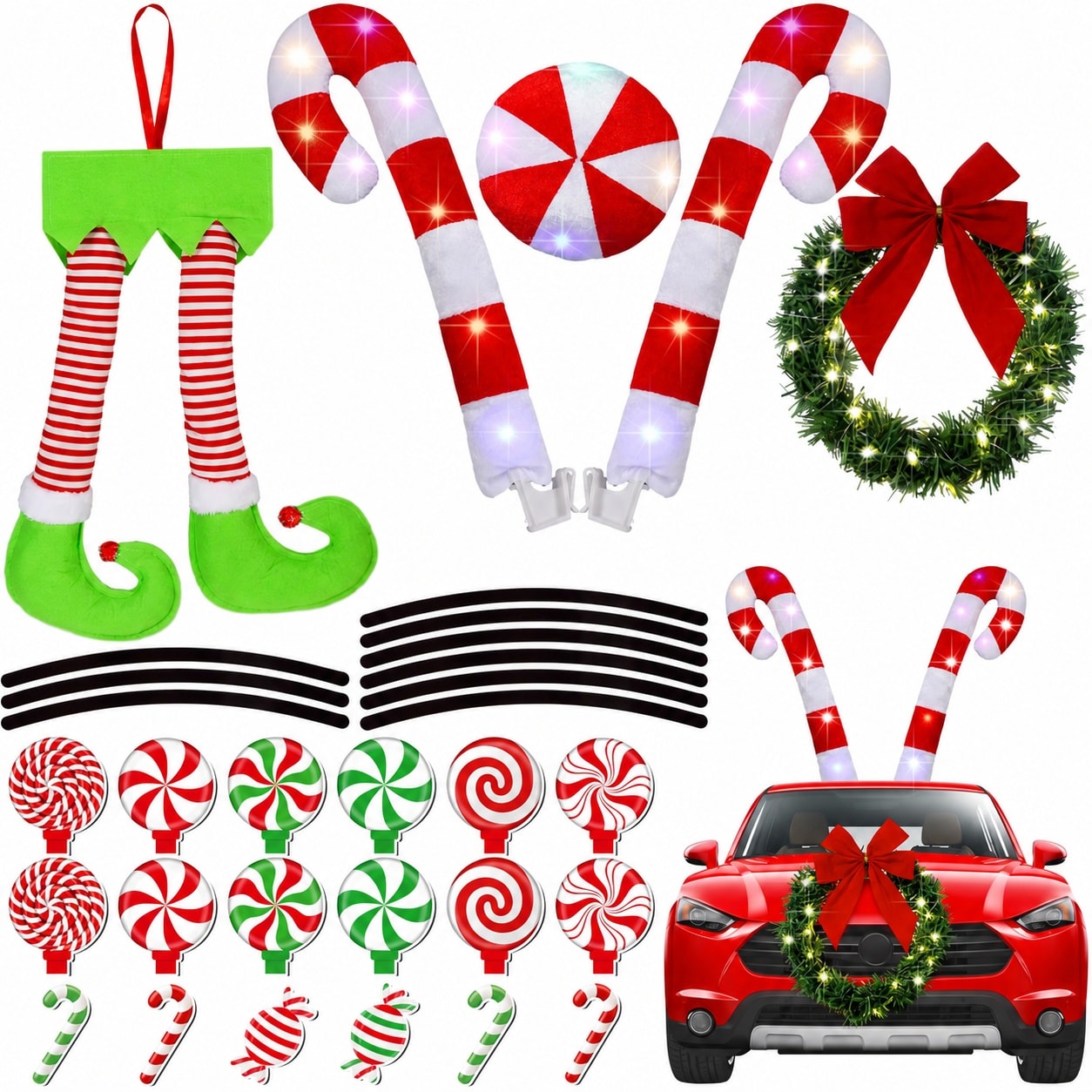 Aoibox  32 Pcs Christmas Car Decoration with LED Light Candy Cane Kit Santa Claus Legs Nose Xmas Wreath Bow Vehicle Garage