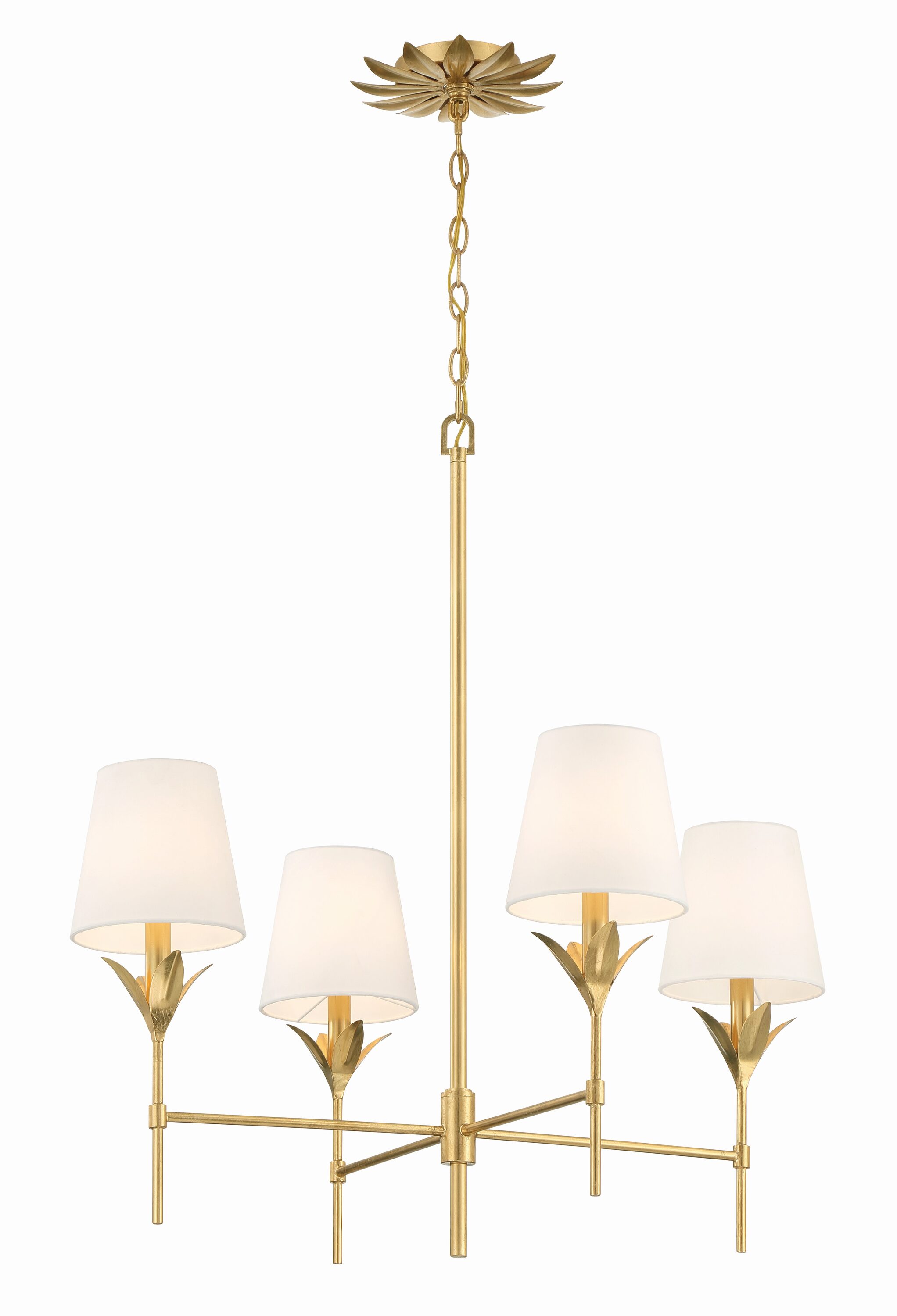 Antique Gold Crystal 4-Light Chandelier with White Silk Shades