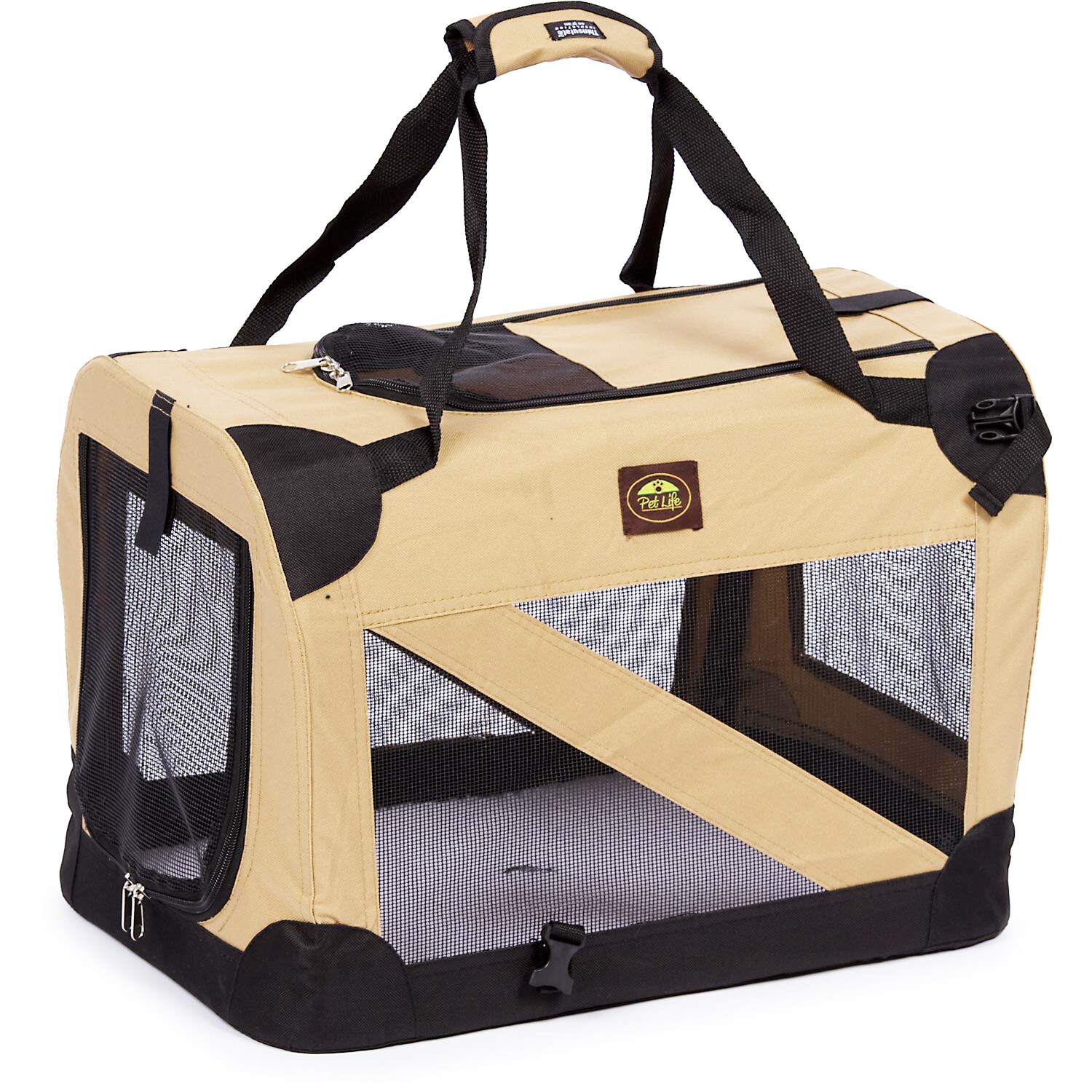 Pet Life Folding Zippered Lightweight Easy Folding Pet Crate - Khaki