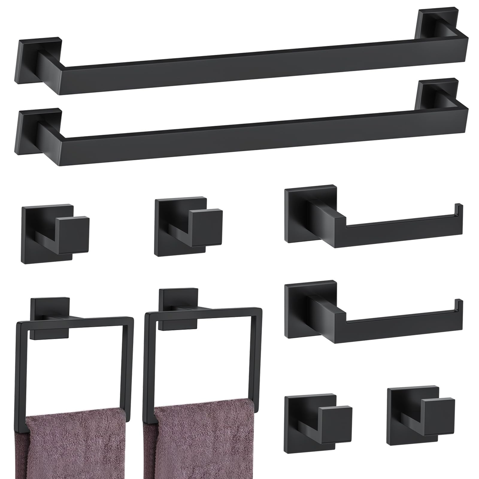 TNSO 10 Pcs Matte Black Matte Black Stainless Steel Bathroom Hardware Set Towel Bar Rack Wall Mounted