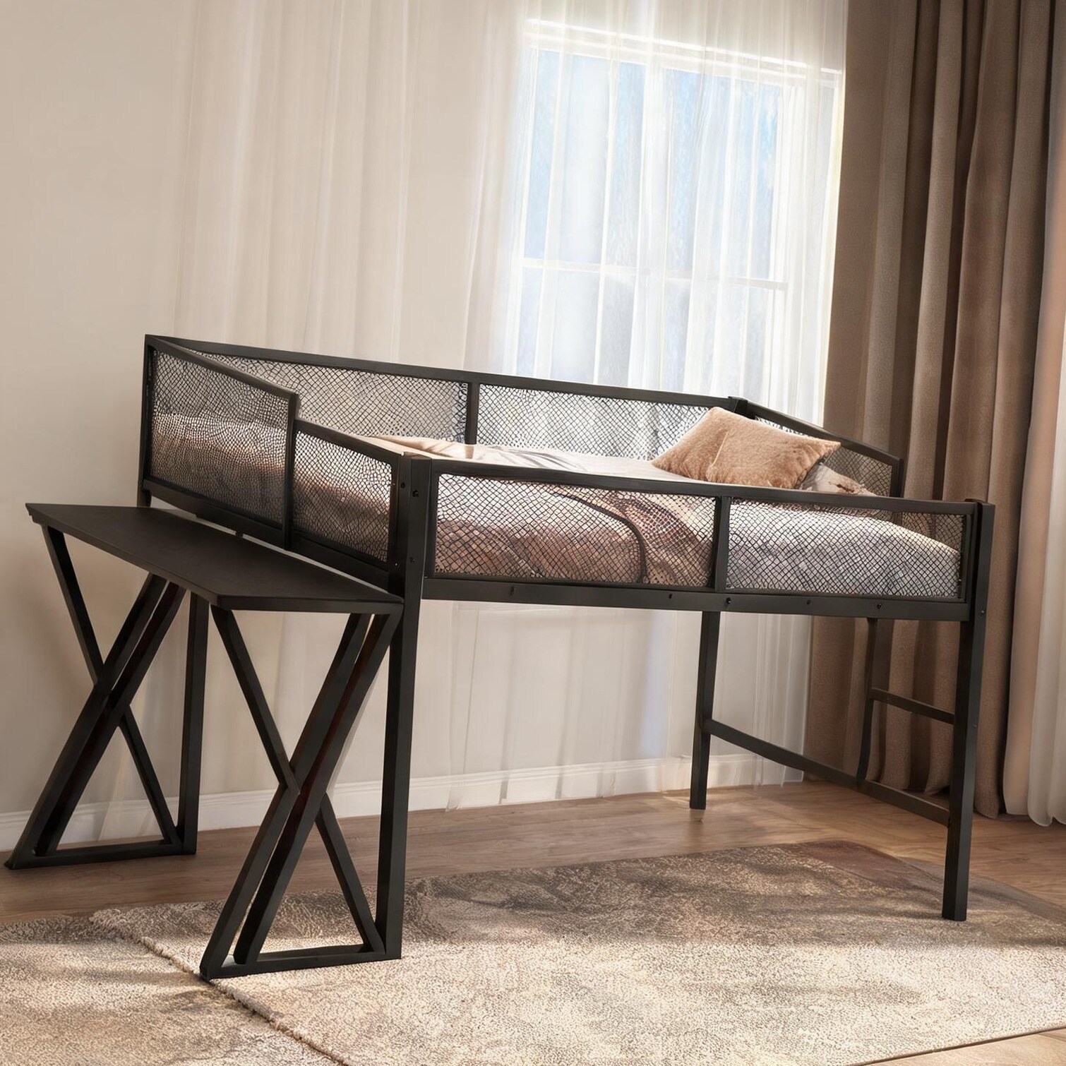 Watnature Matte Black Metal Gaming Loft Bed with Desk LED USB Twin XL ...