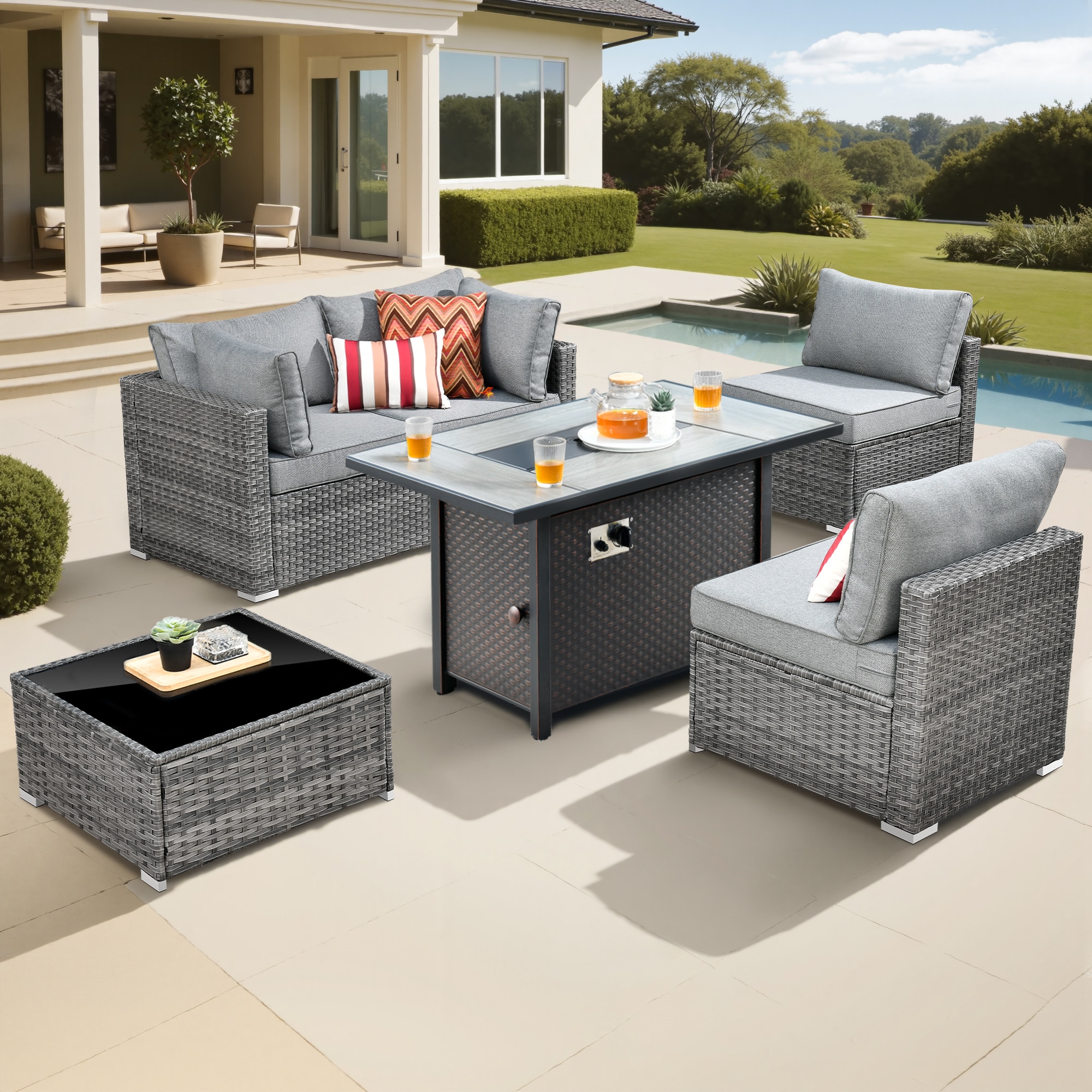 Pouuin SCFPHOP205 5 -Piece Wicker Patio Conversation Set with Dark Gray Cushions