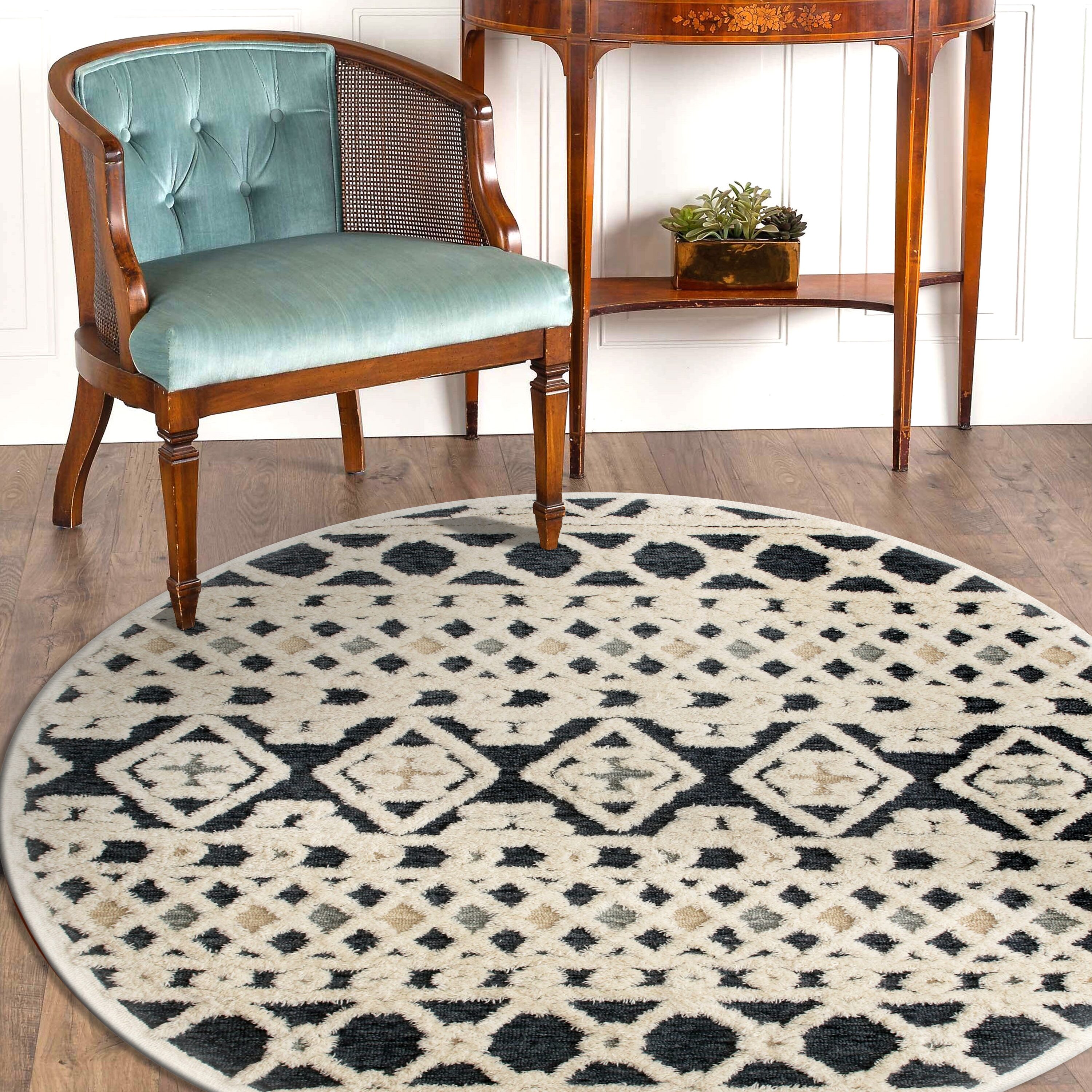 LR Home 3924A0084934J8 4 x 4 (ft) Tufted Wool Navy/Blue/Cream/Tan Round Indoor Abstract Mid-Century Modern Area rug