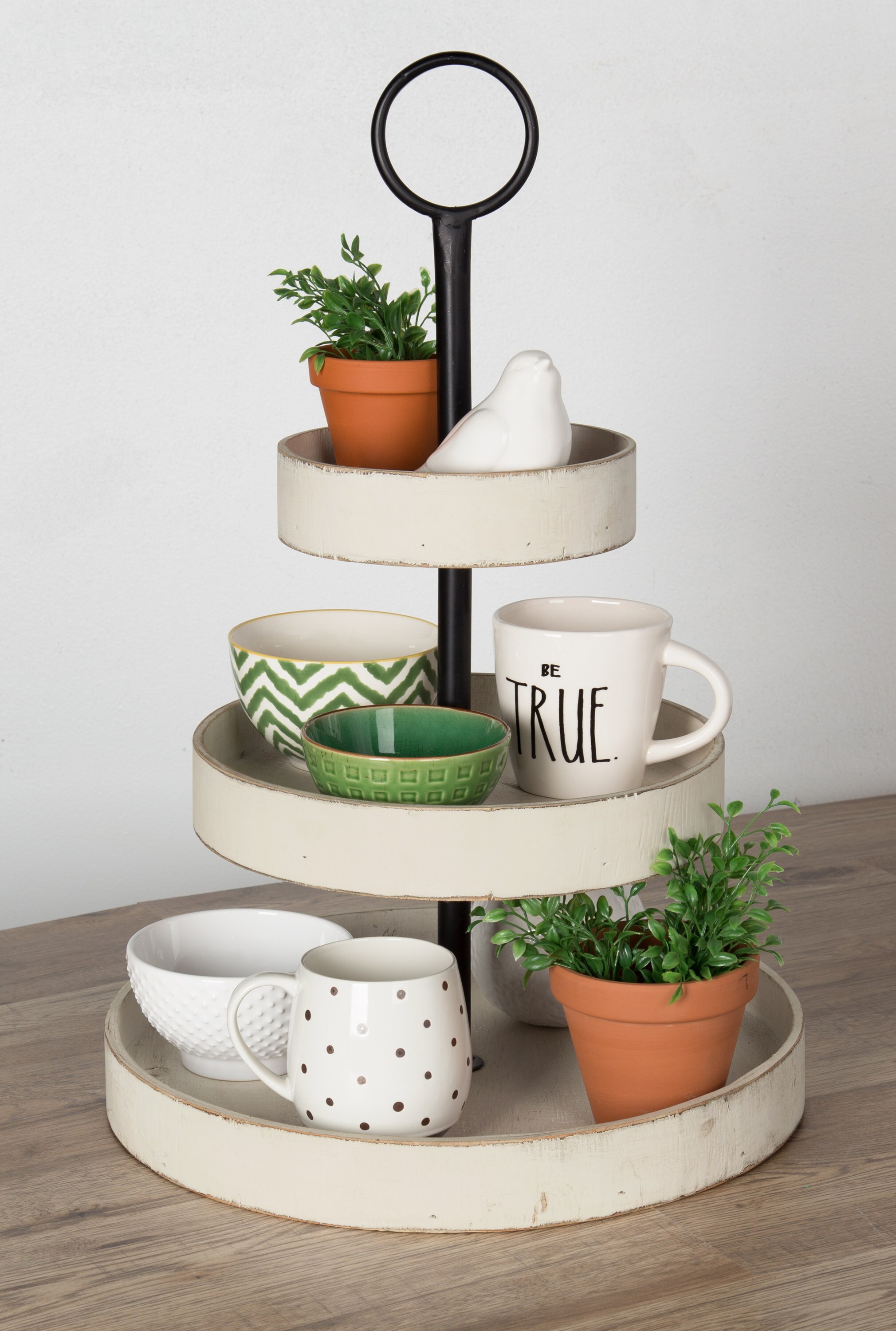 Rustic Farmhouse Antique-White 3-Tiered Round Wood & Metal Tray