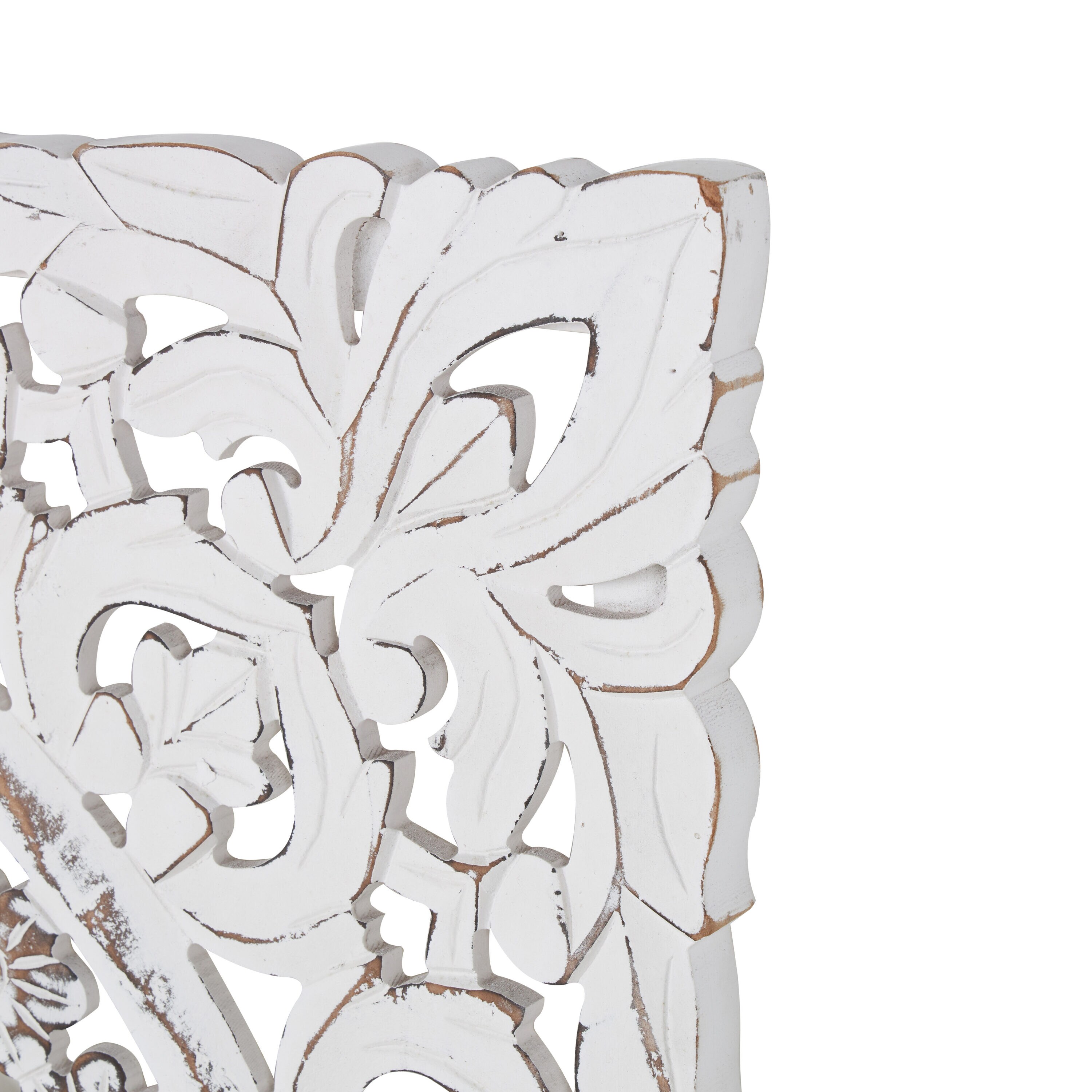 Whitewashed Wood Botanical Carved Wall Panel, 36" Square
