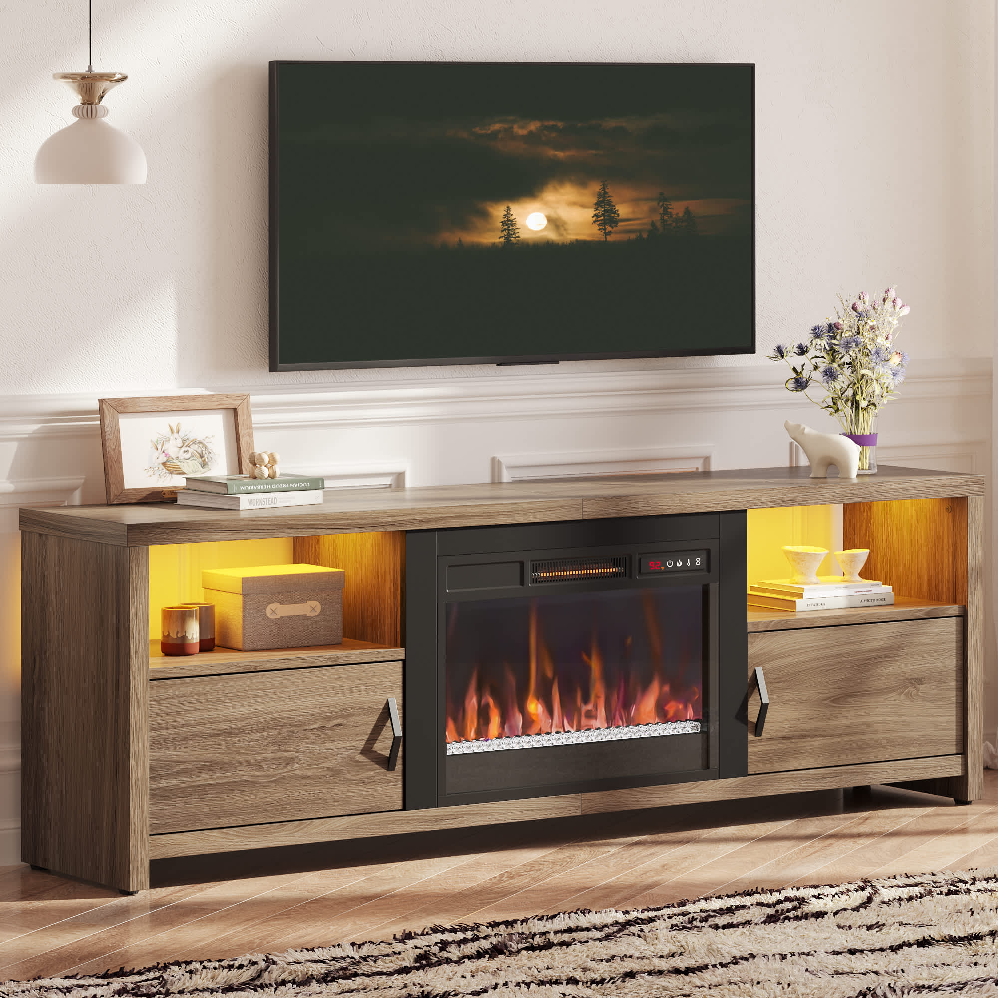 Bestier LOW-L101217ZFP-WPIE2 70.87-in W Brown LED Electric Fireplace TV Stand for 75 inches TV With Storage Cabinets and Fireplace