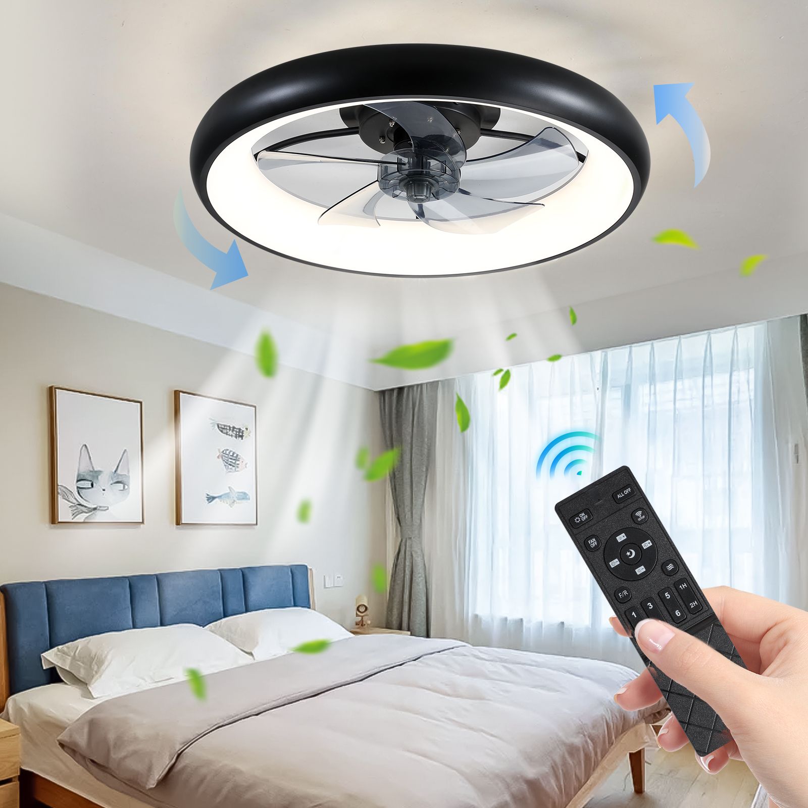 WELLFOR Dimmable Multi-Speed LED Ceiling Fan 20-in Black Color-changing ...