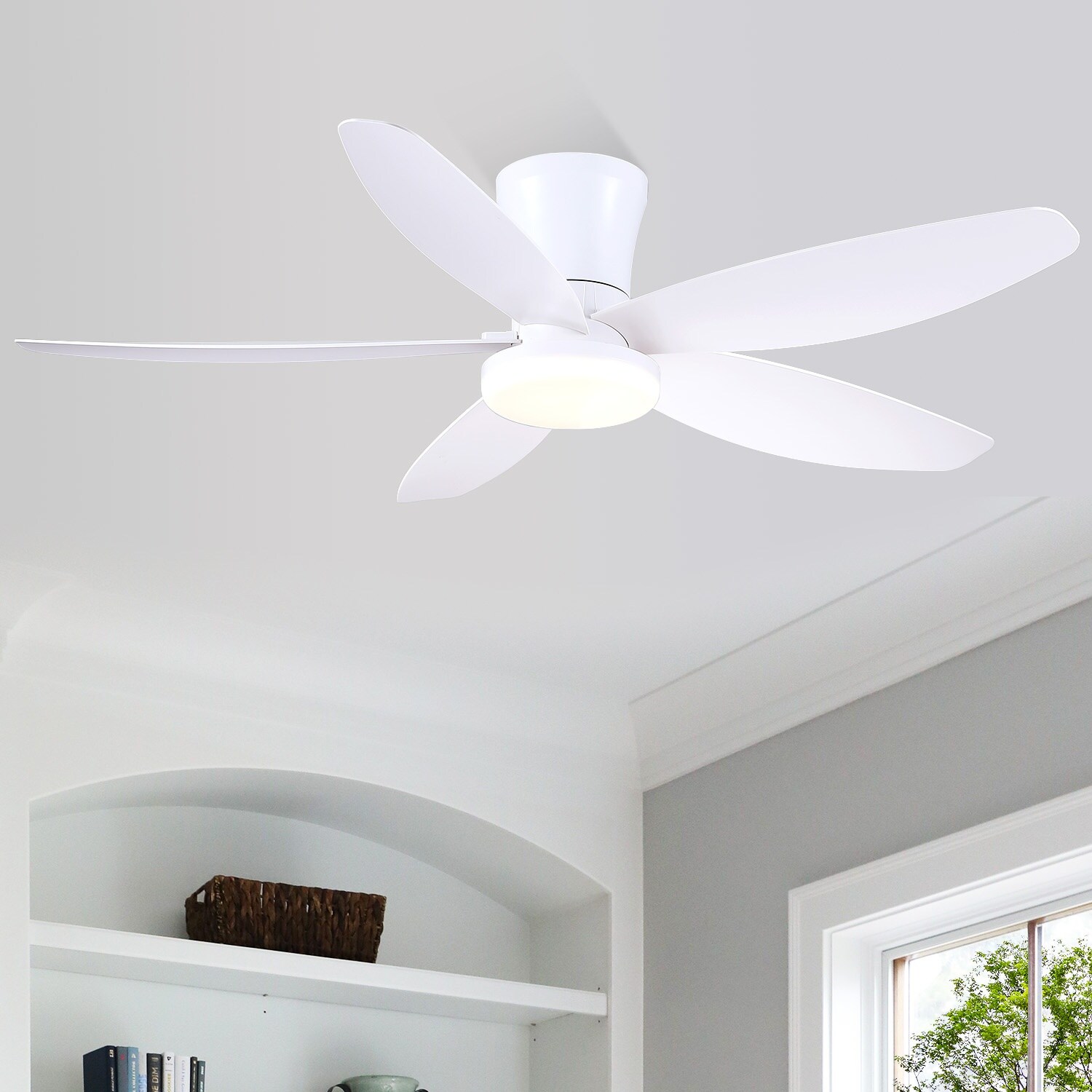 Gleam Flare 42 Inches FLush Mount White Ceiling Fan with Light and Remote 5 ABS Blades Energy Saving DC Motor for Bedroom Closet Laundry Room Kitchen Dining Room