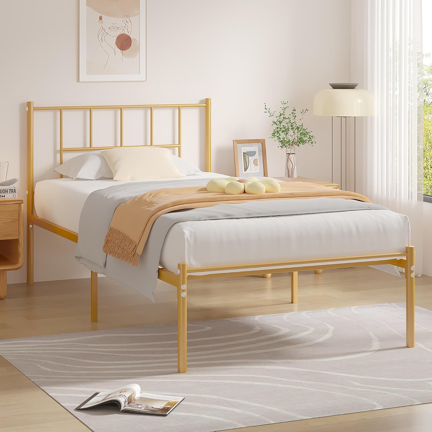 Vecelo LOE-T39-GLD Twin Metal Platform Bed Frame with Headboard Heavy Duty Steel Slat Support Under Bed Storage Easy Assembly Gold