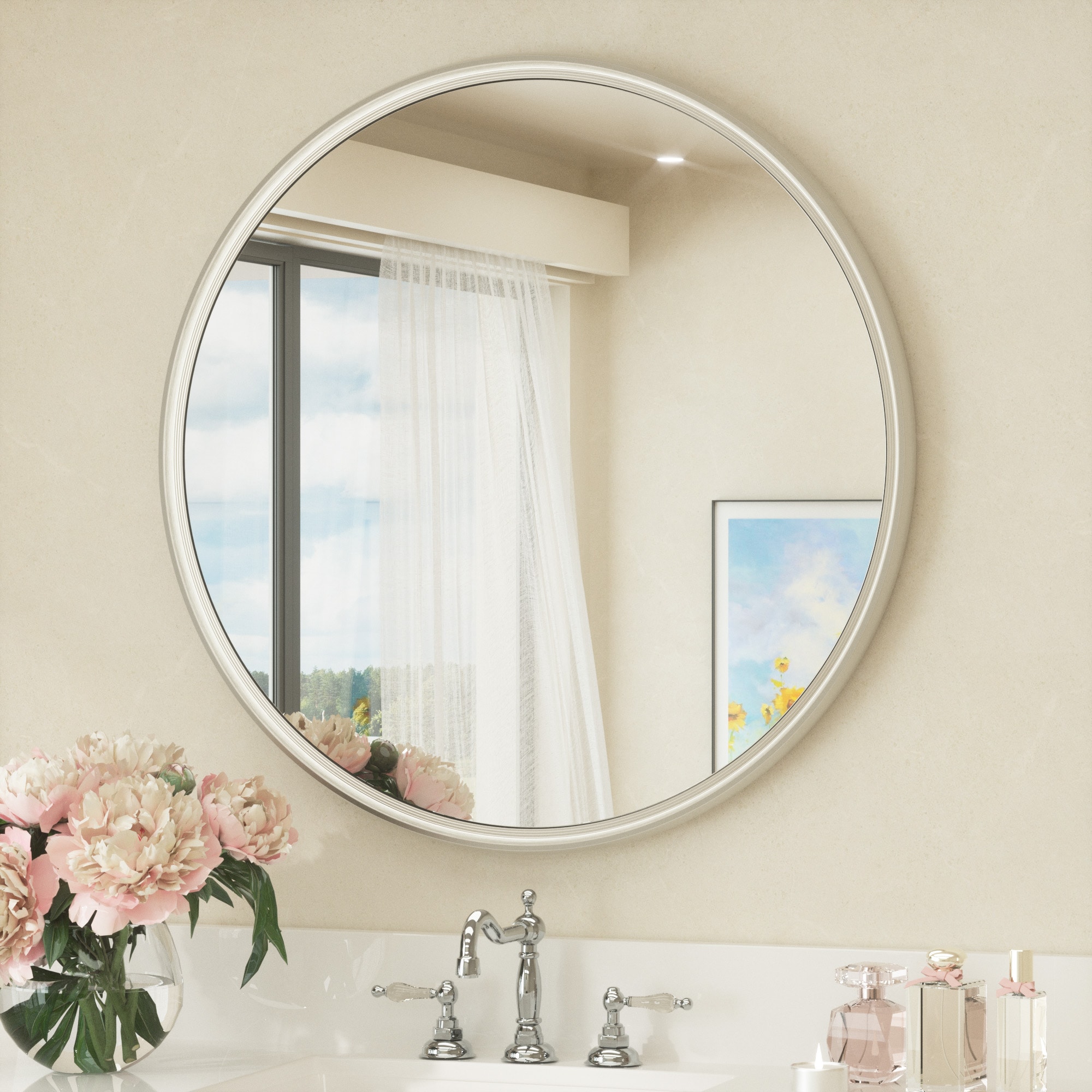 Keonjinn LW-YX18-R61NI Bathroom Mirrors 24-in W x 24-in H Round Brushed Nickel Beveled Wall Mirror