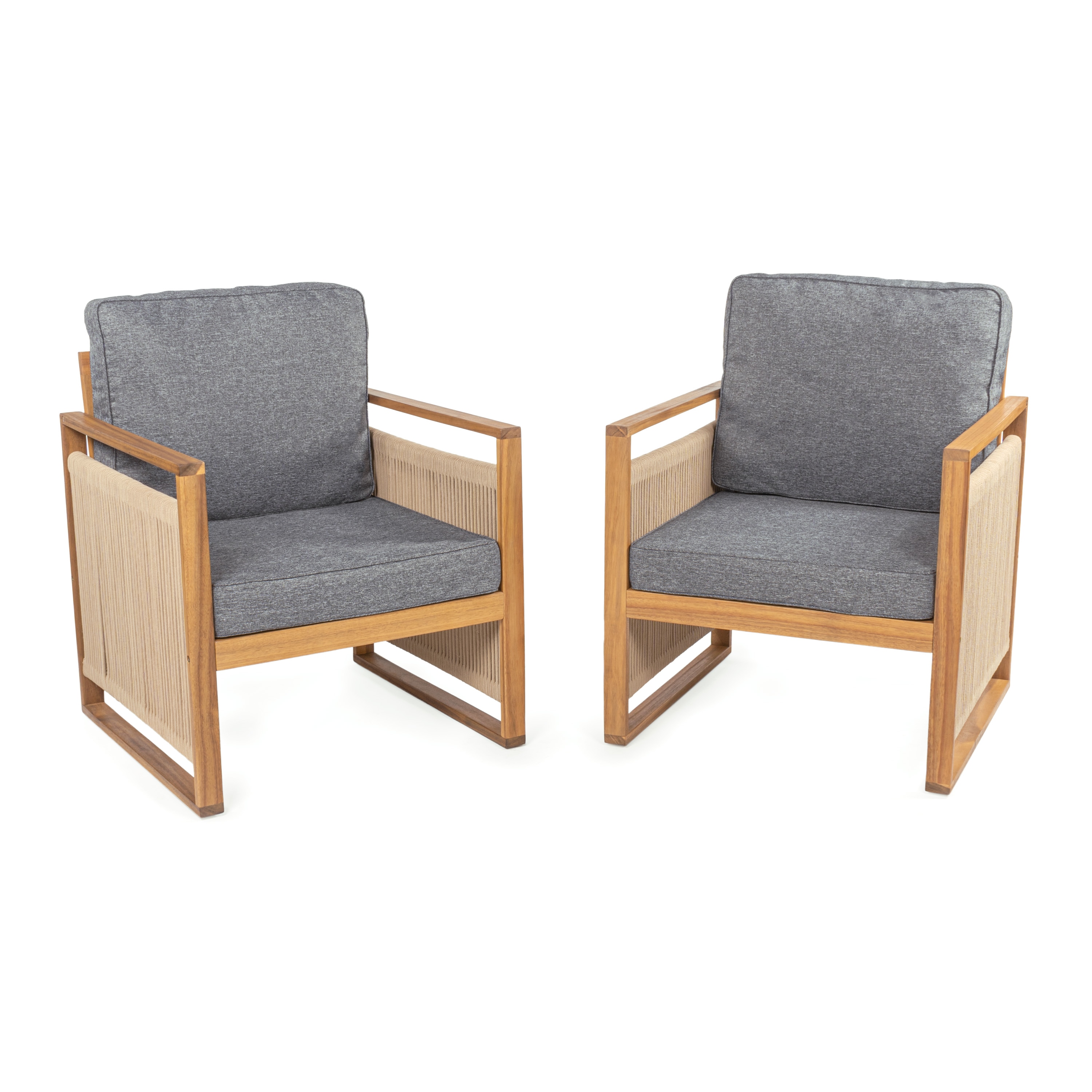 JONATHAN  Y SFC1000B-SET2 Gable Roped Acacia Mid-Century Modern Scandinavian Set of 2 Gray/Teak Brown Wood Frame Stationary Conversation Chair with Brown Cushioned Seat