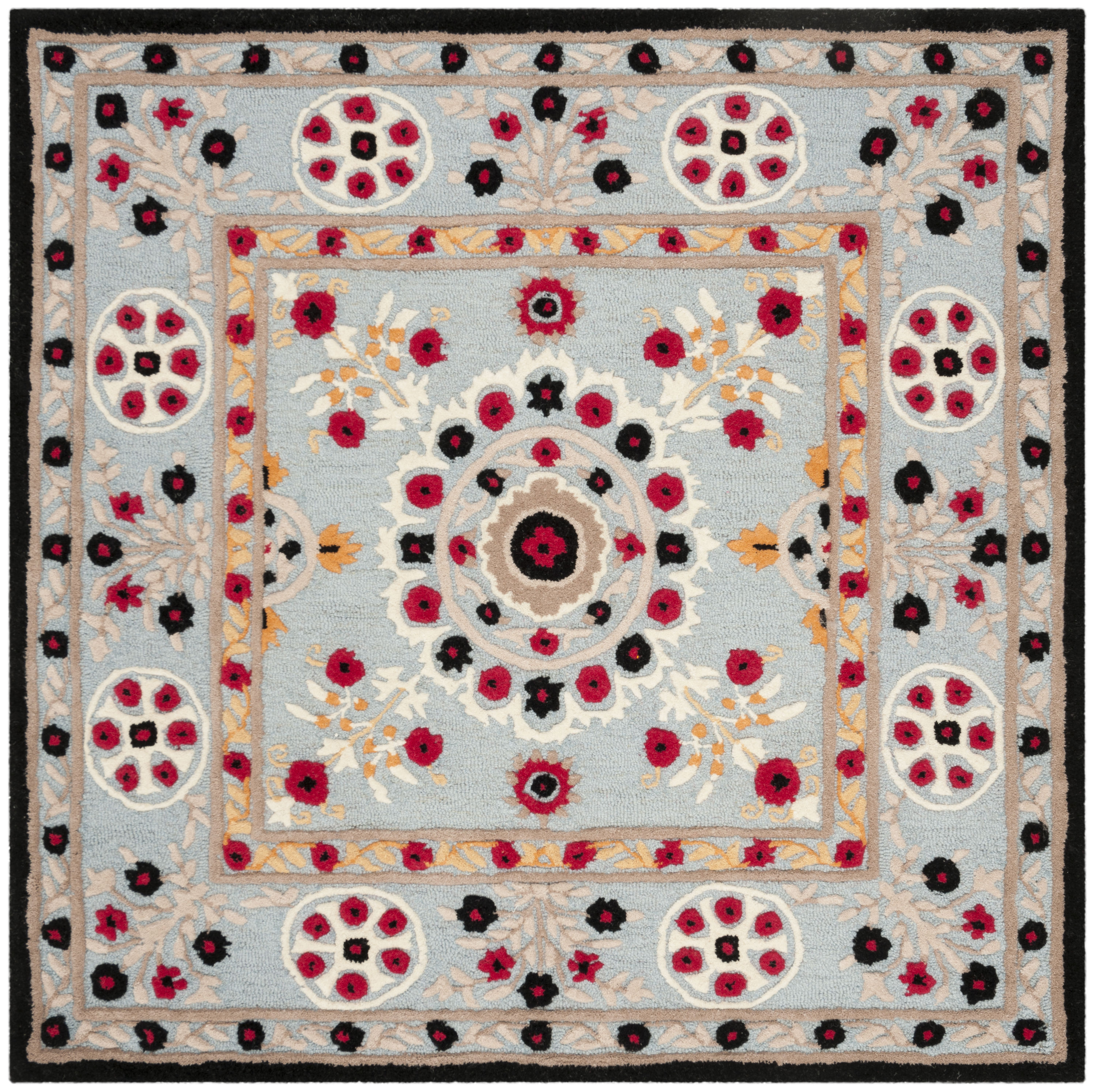 Safavieh BLG628B-5SQ Bellagio Roble 5 x 5 (ft) Tufted Wool Light Blue/Black Square Indoor Floral/Botanical Farmhouse/Cottage Area rug