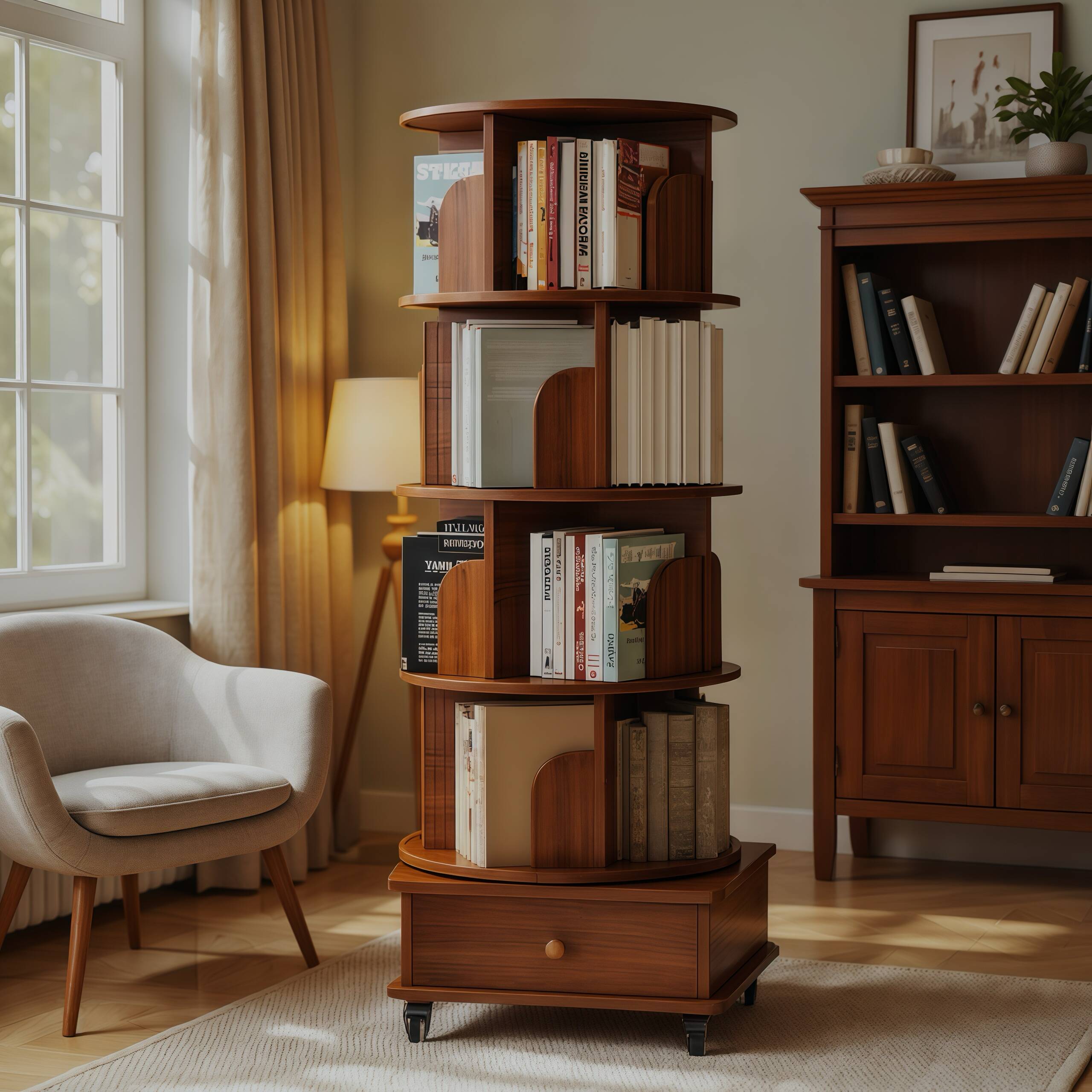 Flynama - Rotating Bookshelf Walnut Brown MDF 4 -Shelf Bookcase with Doors ( 18.11-in W x 57-in H...