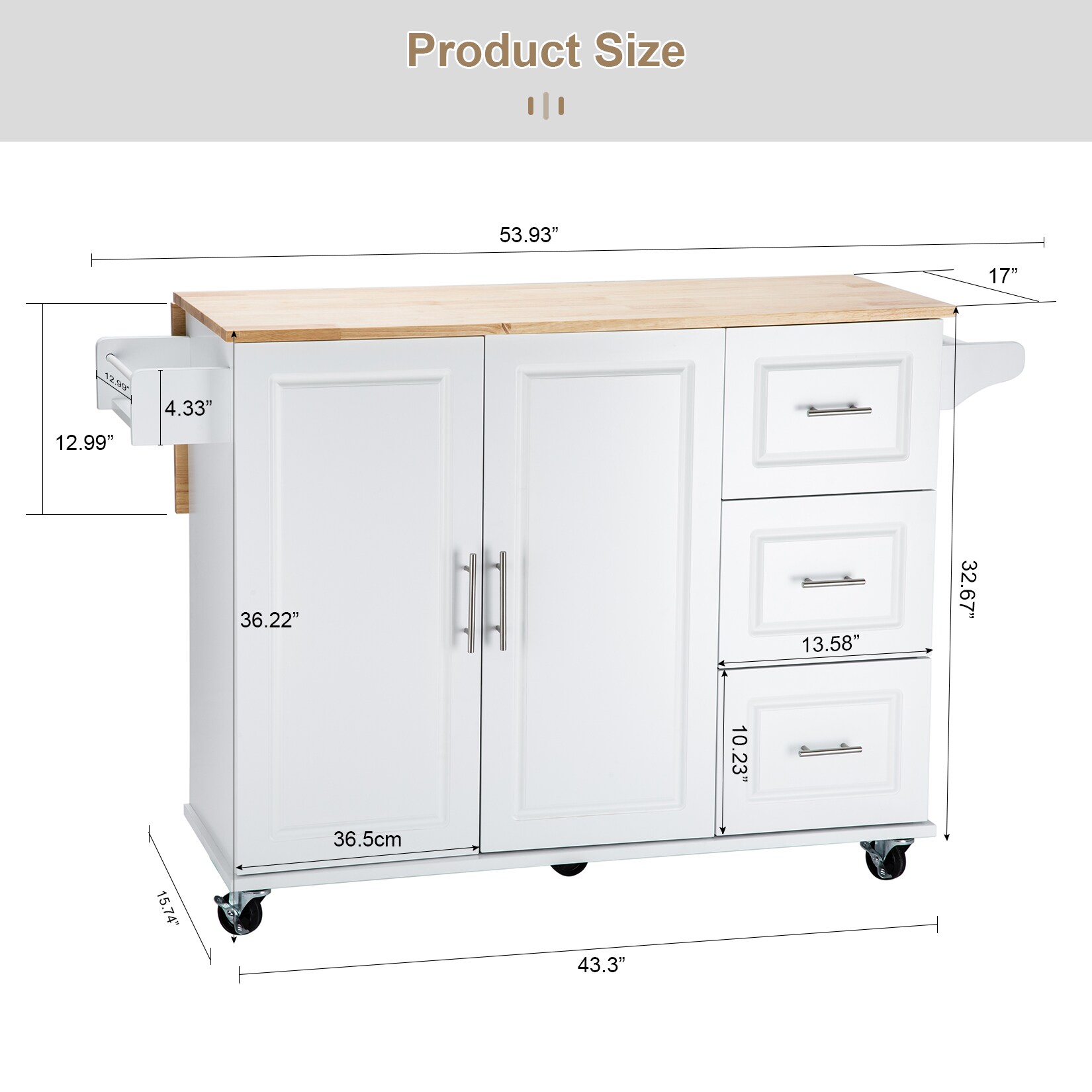 Miki Shinly White Mdf Base with Mdf Top Rolling Kitchen Island (17-in x 53.93-in x 36.22-in)