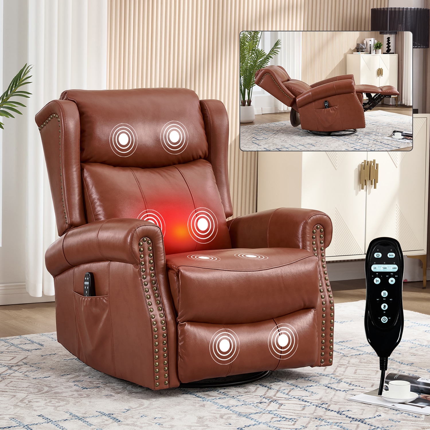 GZMR - Heat Massage Manual Rocker Swivel Recliner Red Brown Leather Upholstered Powered Reclining...