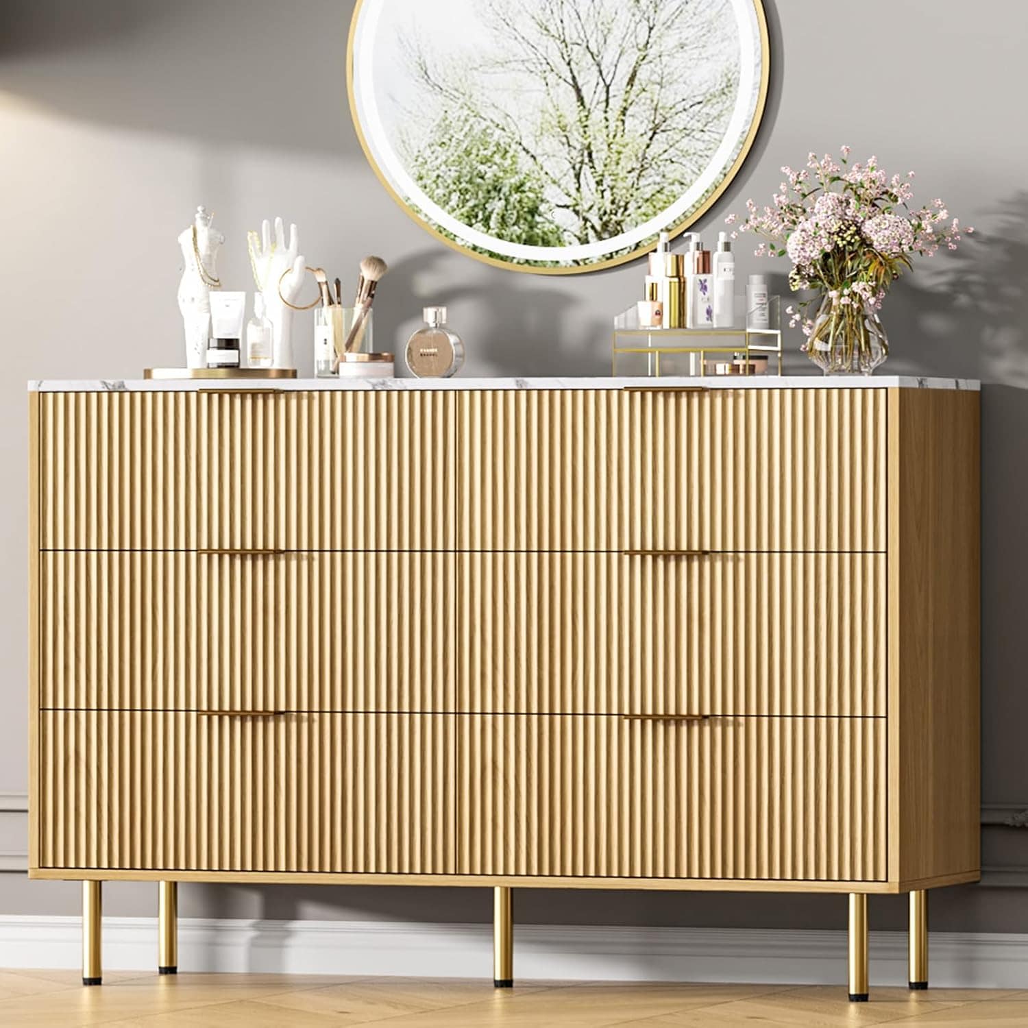 Qeetex LHF-DG-PHO-33FG5M38 Fluted Wood 6 Drawers Dresser for Bedroom - Large Modern Chest of Drawers - Natural Dresser with Gold Handle - Wood Drawer Organizer for Bedroom/Living Room/Hallway/Entryway