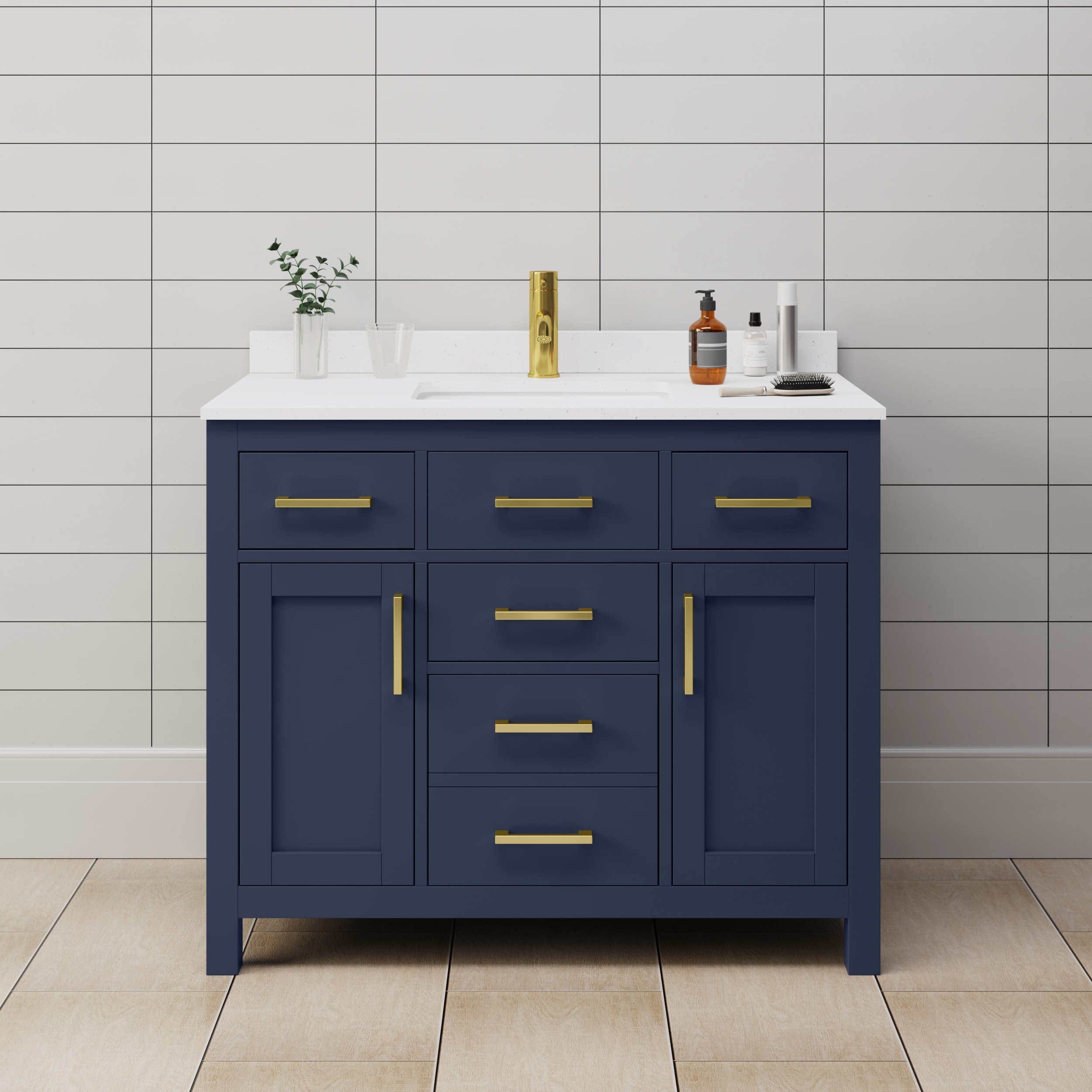 Wyndham Collection WCG242442SBLWCUNSMXX Beckett 42-in Dark Blue with Brushed Gold Trim Undermount Single sink Bathroom Vanity with White Cultured Marble Cultured marble Top