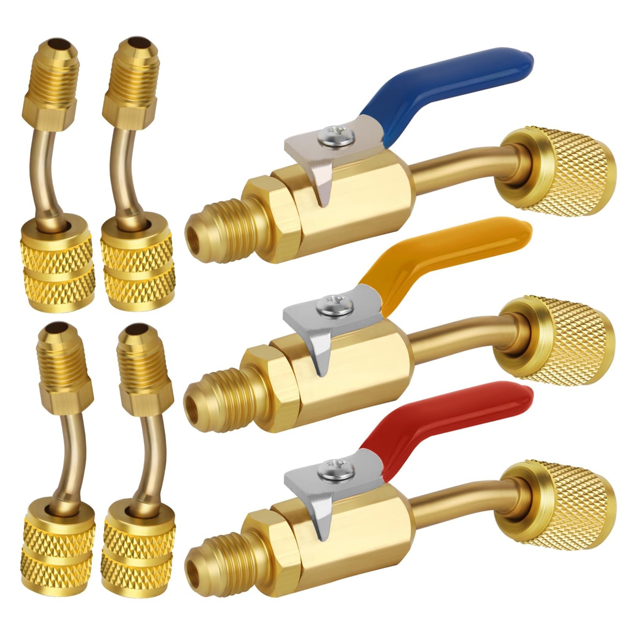 Numhew 1/4in Male x 1/4in Female 3-Piece Angled Brass Ball Valve and 4-Piece 5/16in to 1/4in Adapter Set Gold AC Refrigerant Fitting Kit