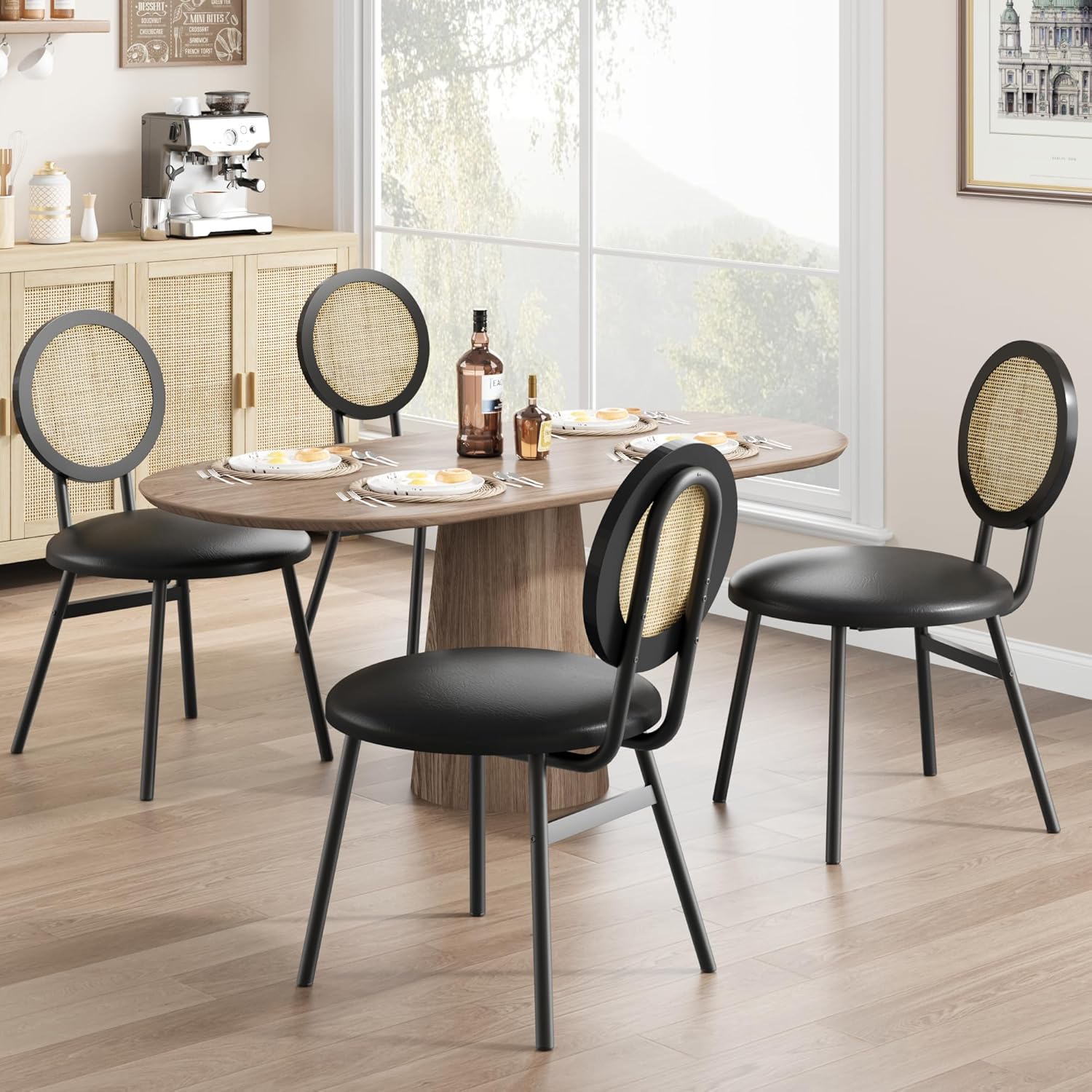 Qeetex PHO-11B0K29E-HNN Set of 4 Black Metal Dining Chairs with Hand-Woven Rattan Backrest and Faux Leather Seat