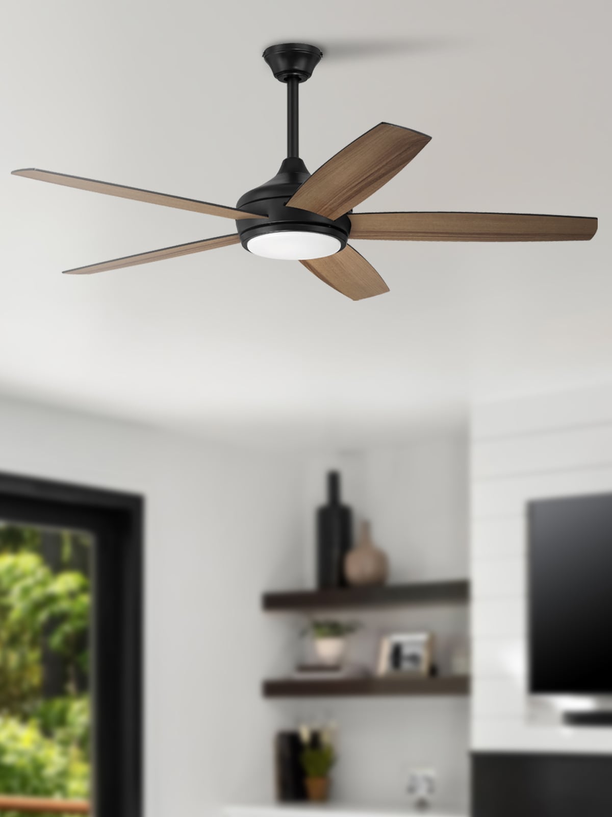 Harbor Breeze TGII52MBK5LR Beach Creek 52-in Downrod or Flush Mount Matte Black with Matte Black/Walnut Blades Ceiling Fan With Light - Remote Included ( 5 -Blade )